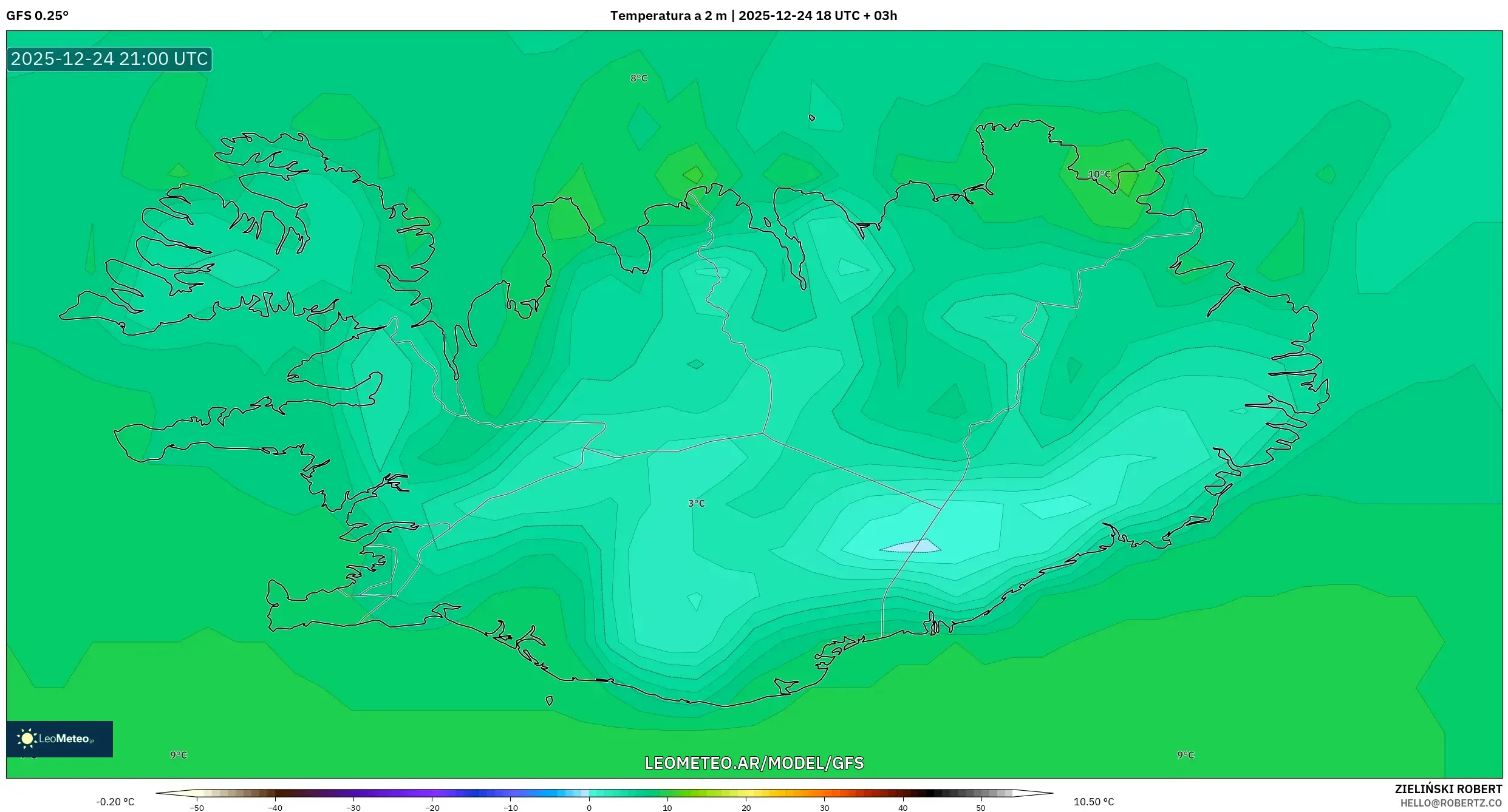 GFS model - Islandia, Temperatura na 2 m