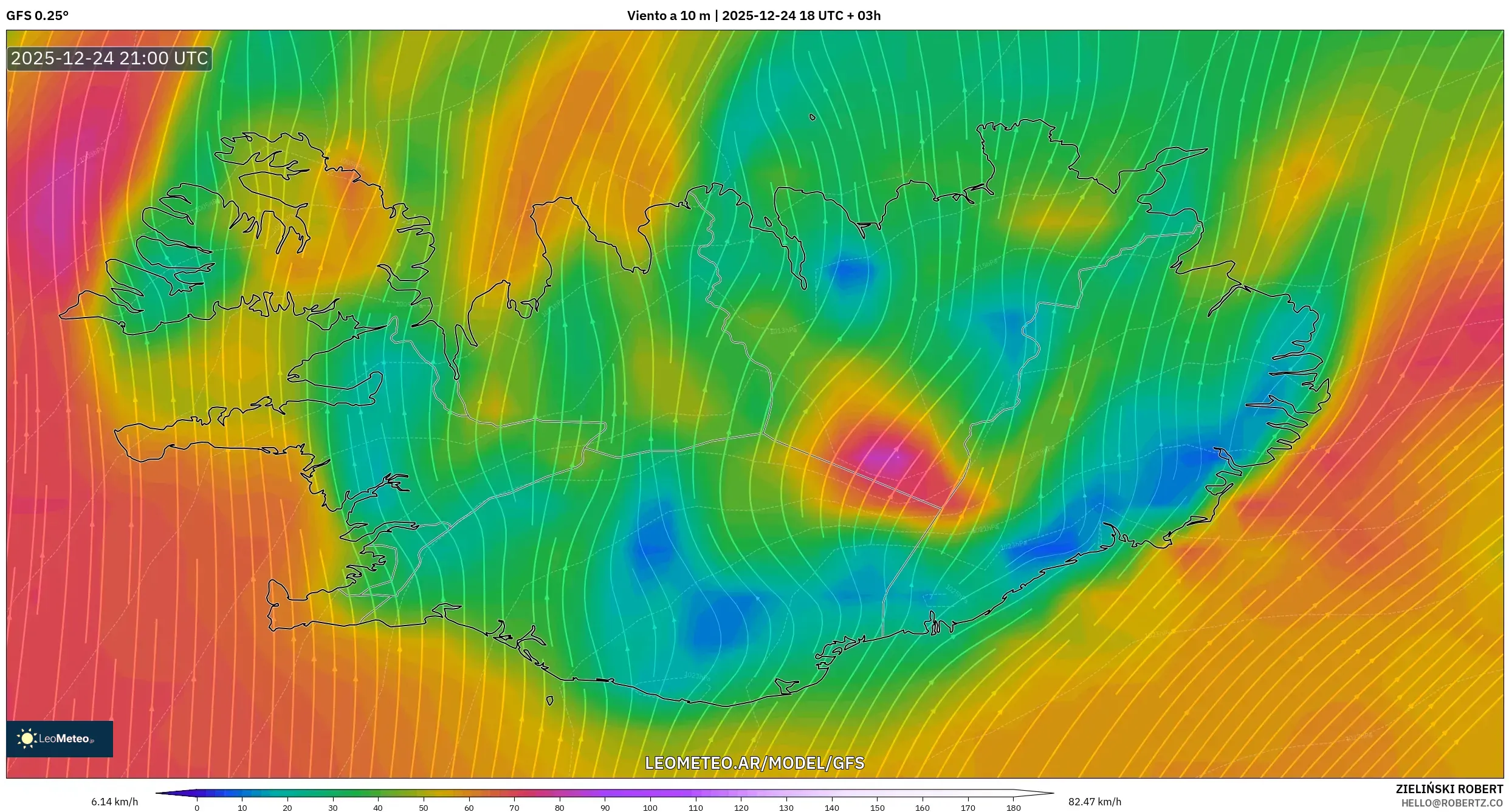 GFS model - Islandia, Viento a 10 m