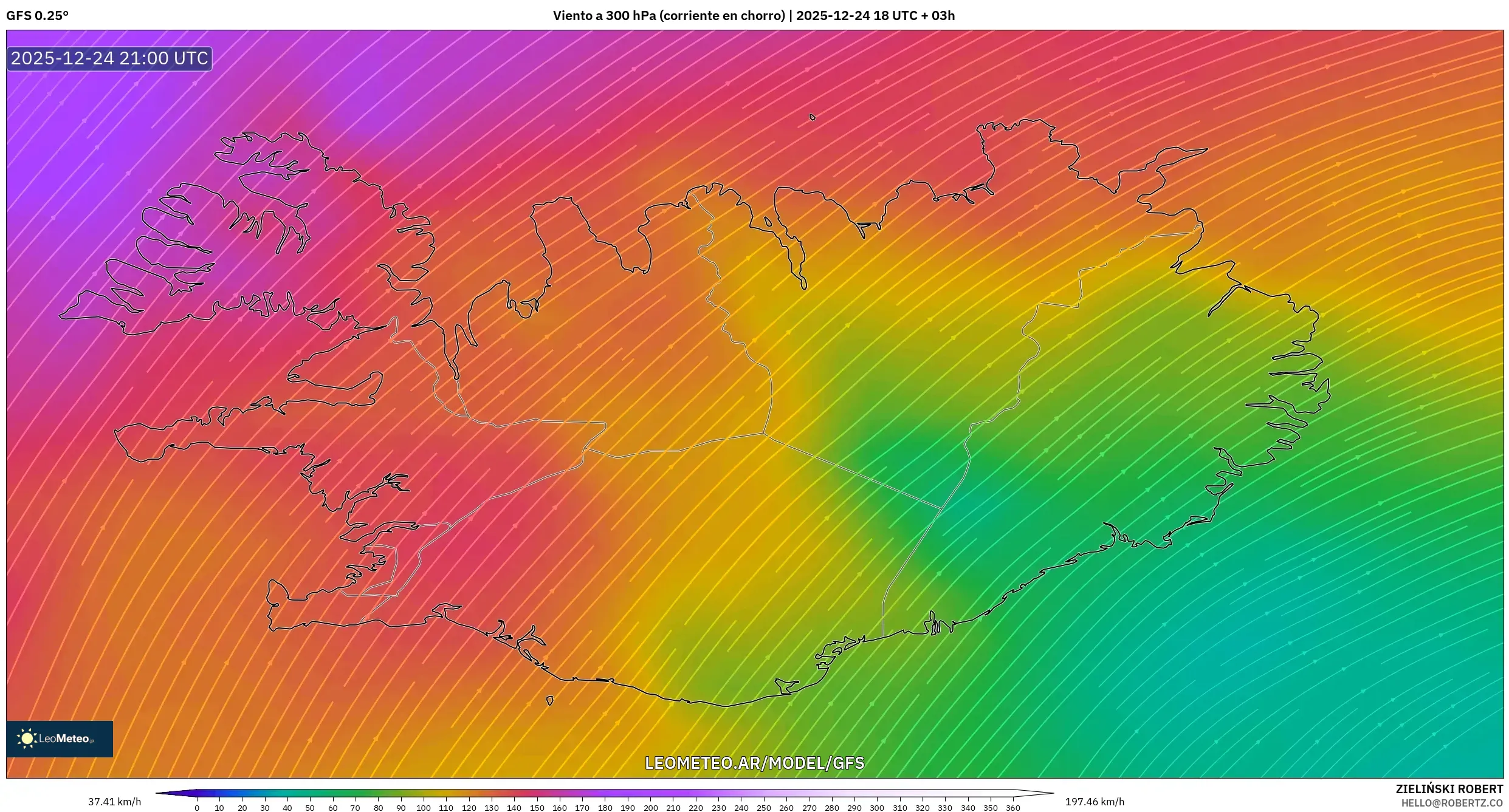 GFS model - Islandia, Wiatr na 300 hPa (prąd strumieniowy)