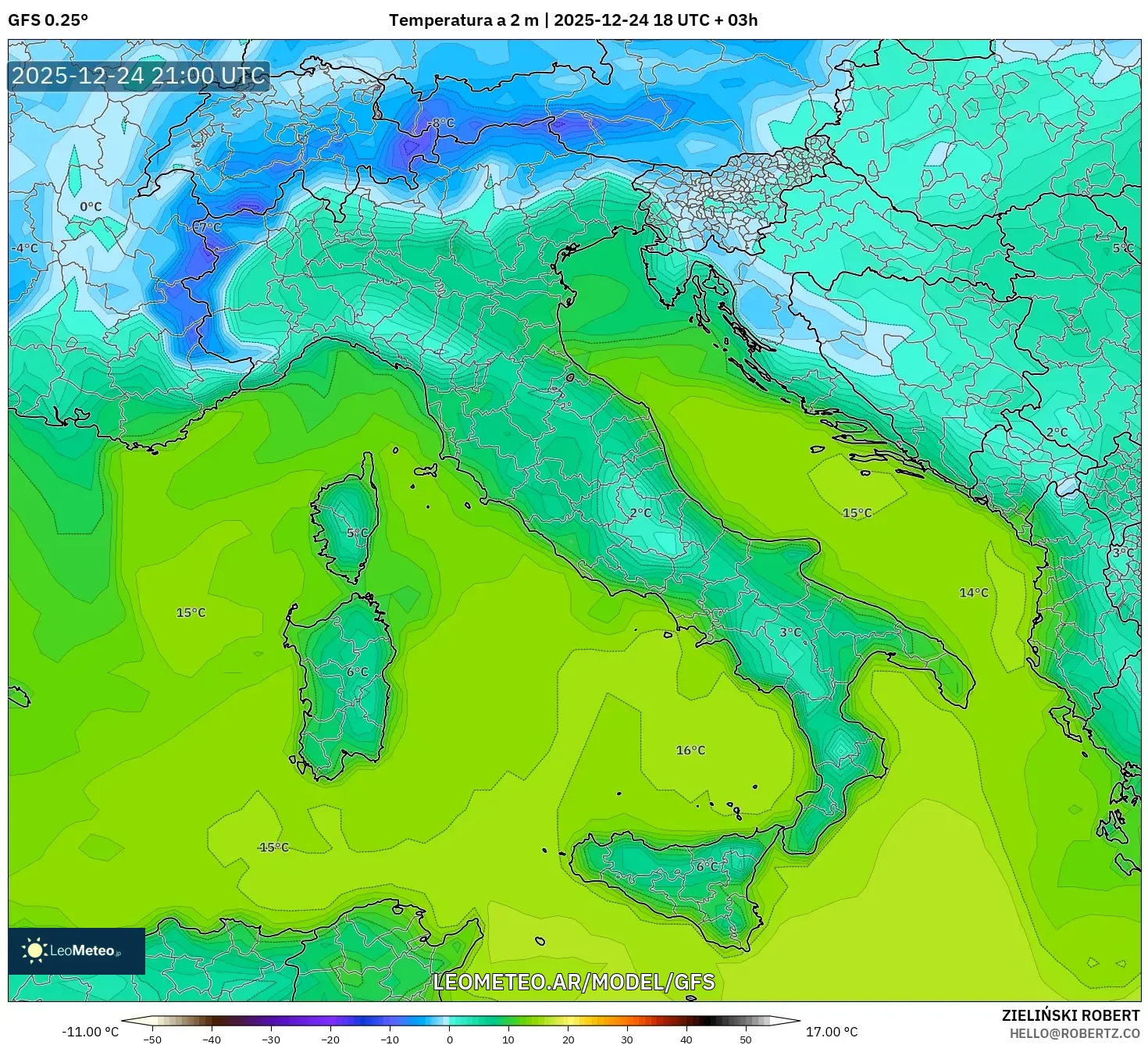 GFS model - Włochy, Temperatura na 2 m