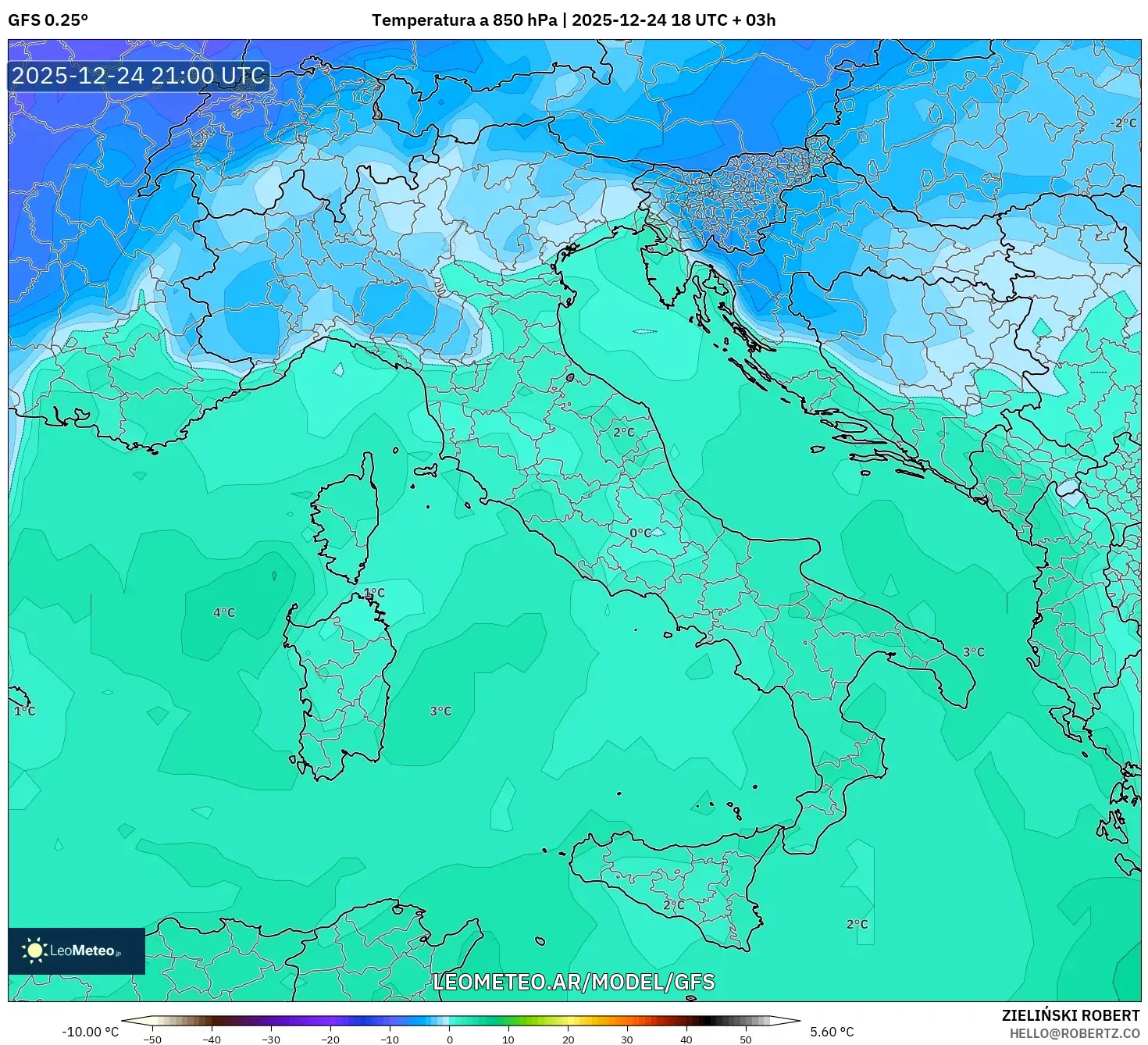 GFS model - Włochy, Temperatura na 850 hPa