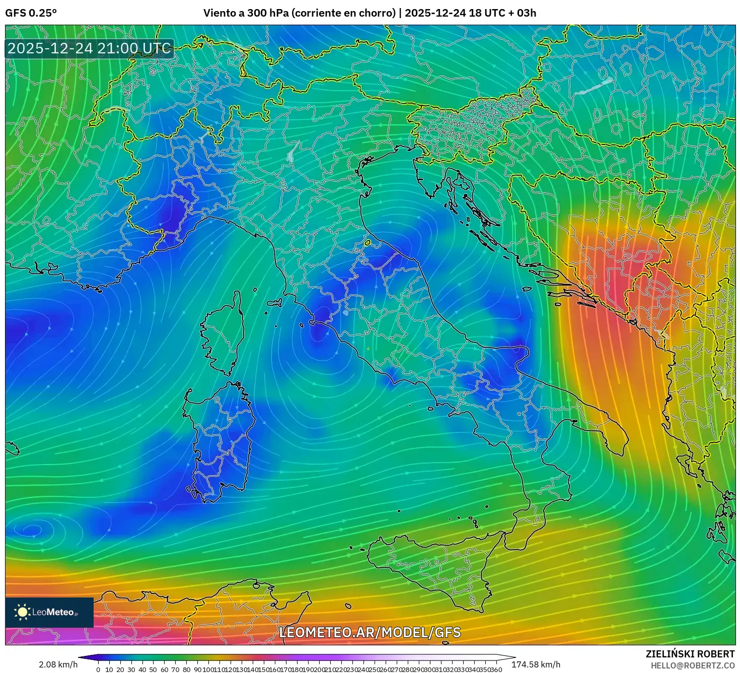 GFS model - Włochy, Wiatr na 300 hPa (prąd strumieniowy)