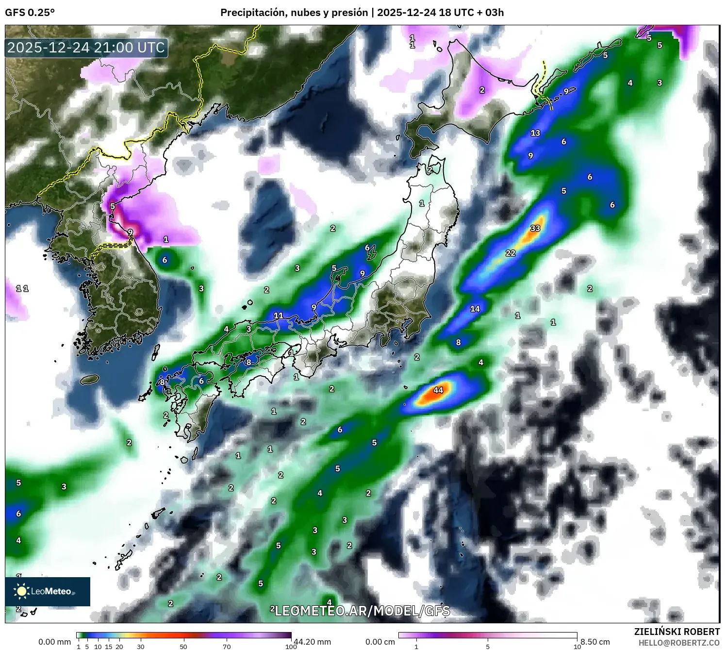 GFS model - Japonia, Opady, chmury i ciśnienie