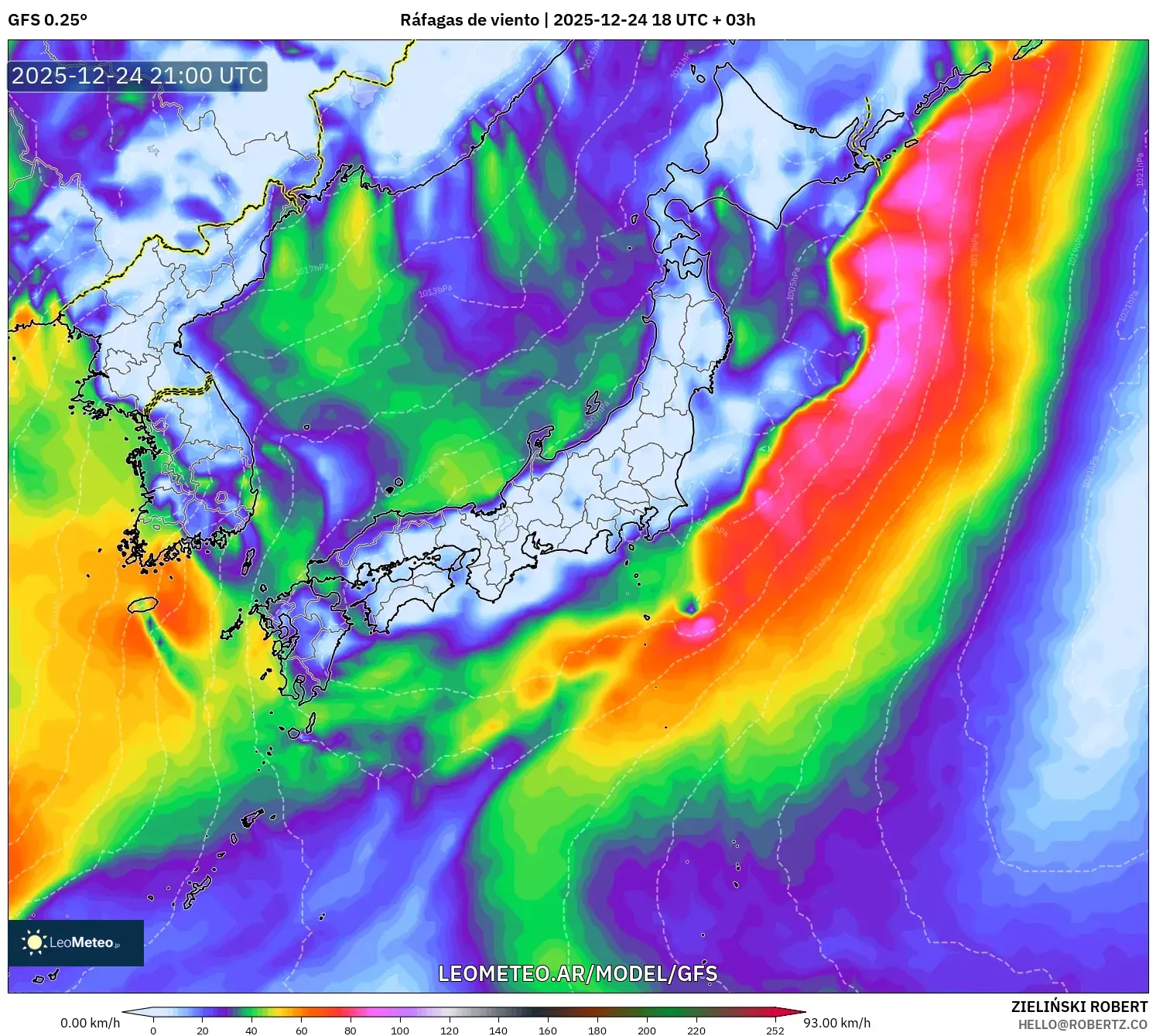 GFS model - Japón, Ráfagas de viento