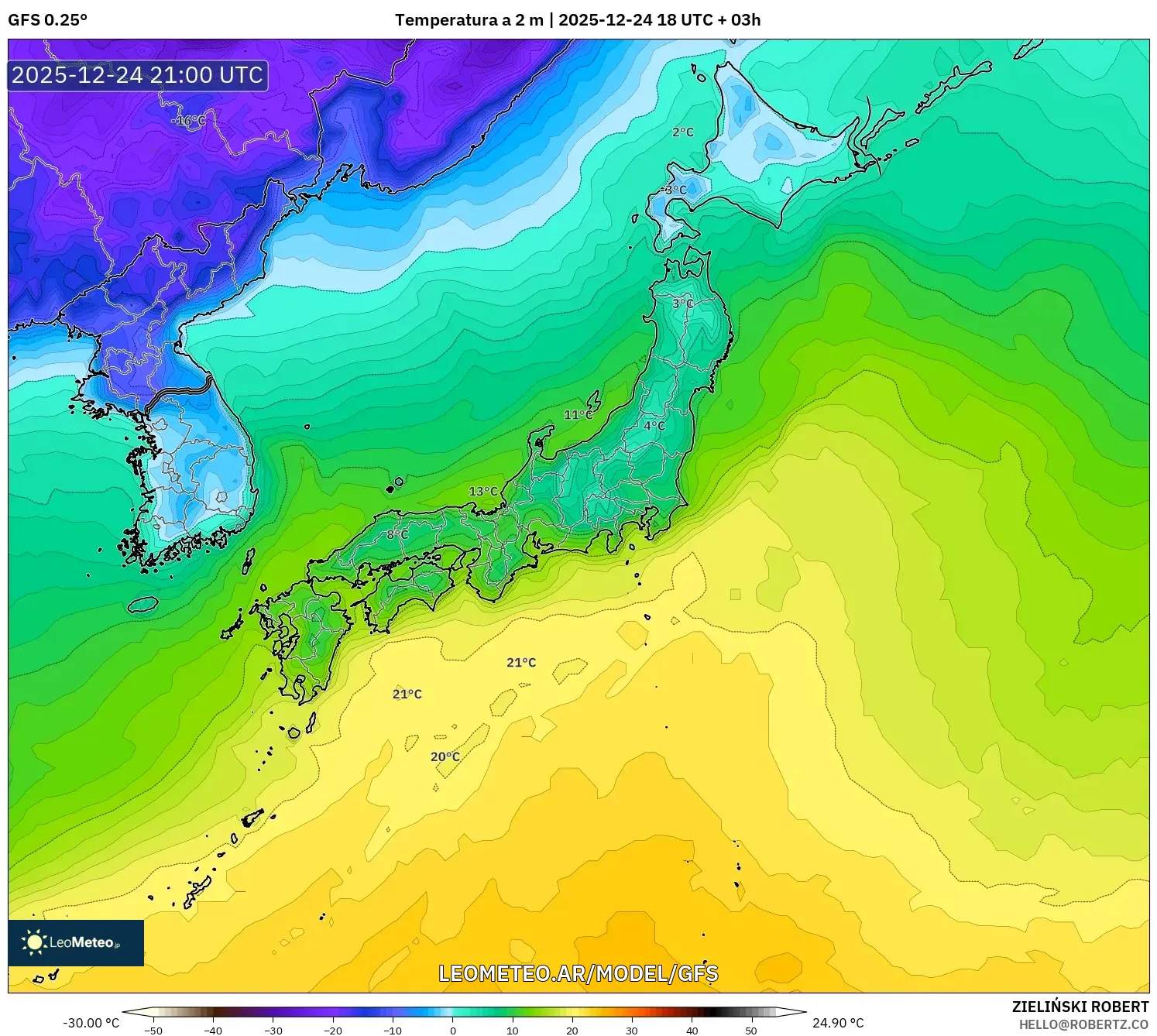 GFS model - Japonia, Temperatura na 2 m