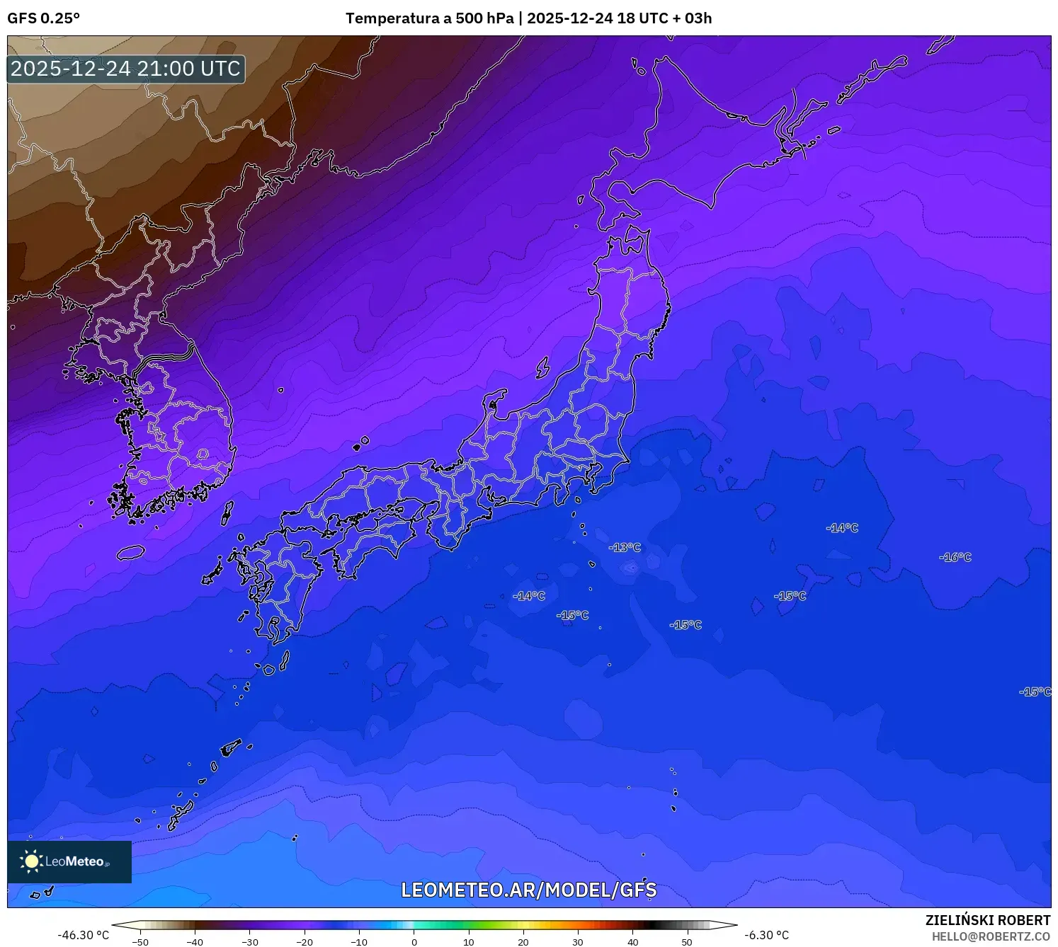 GFS model - Japonia, Temperatura na 500 hPa