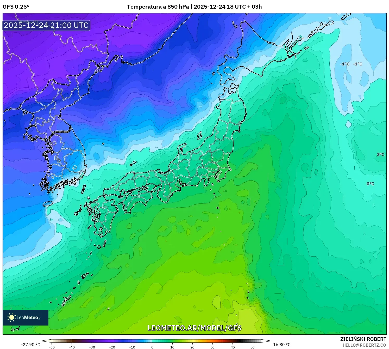 GFS model - Japonia, Temperatura na 850 hPa