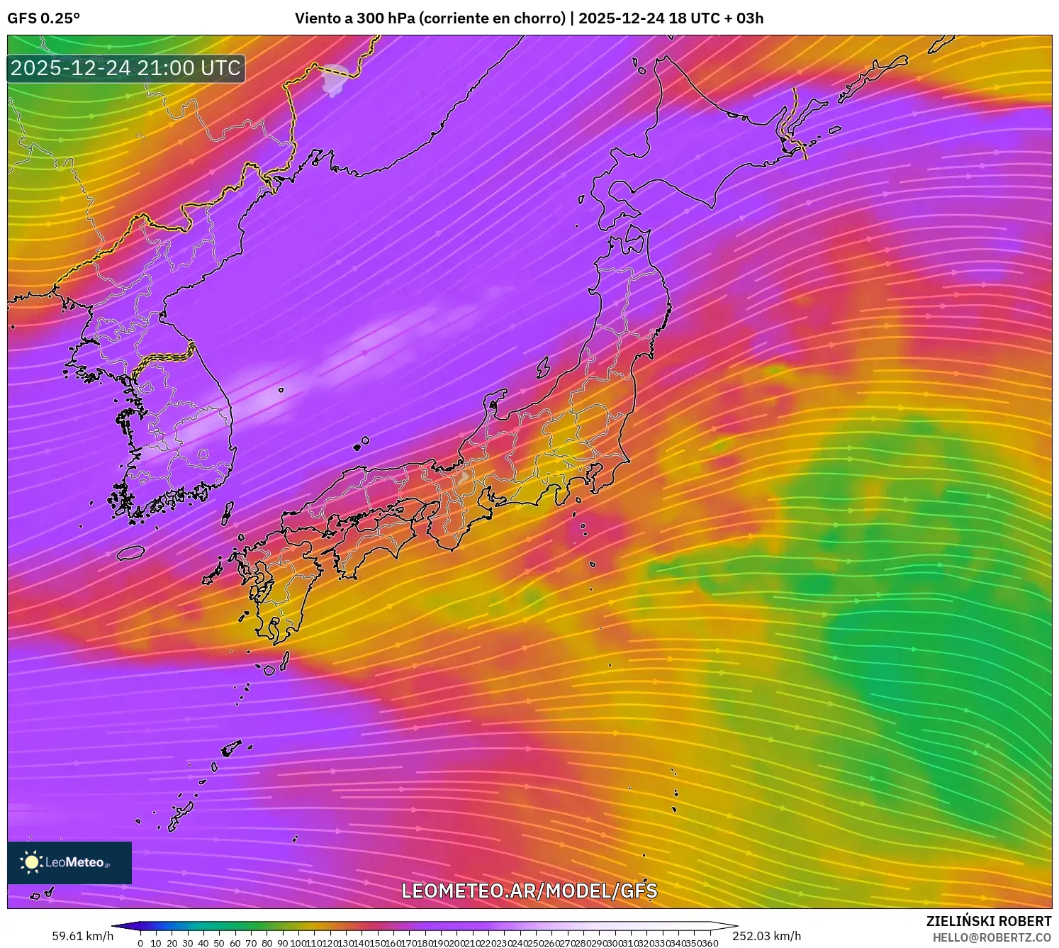 GFS model - Japonia, Wiatr na 300 hPa (prąd strumieniowy)
