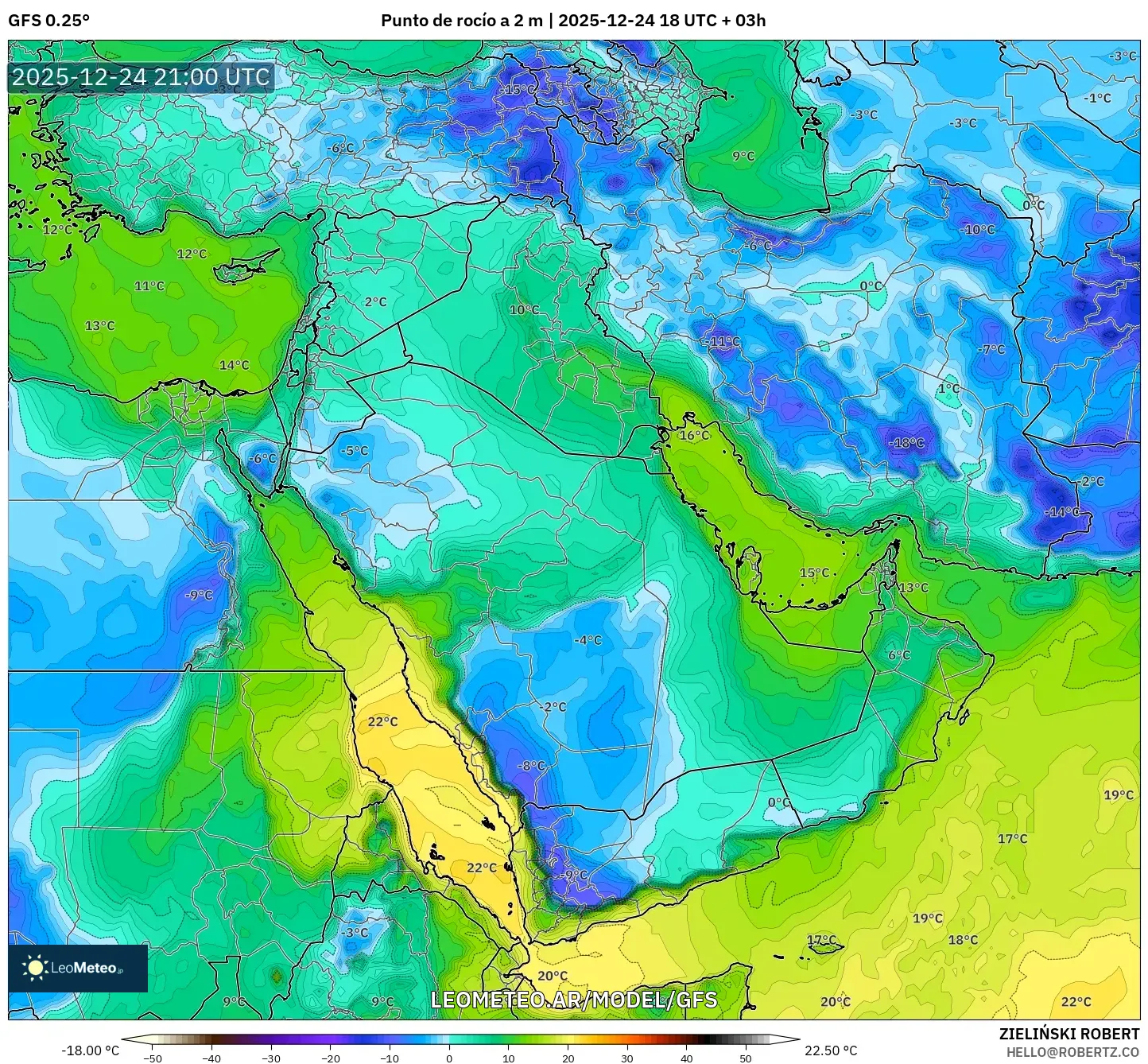 GFS model - Bliski Wschód, Punkt rosy na 2 m