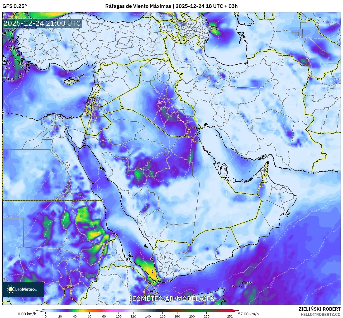 GFS model - Bliski Wschód, Maksymalne Porywy Wiatru