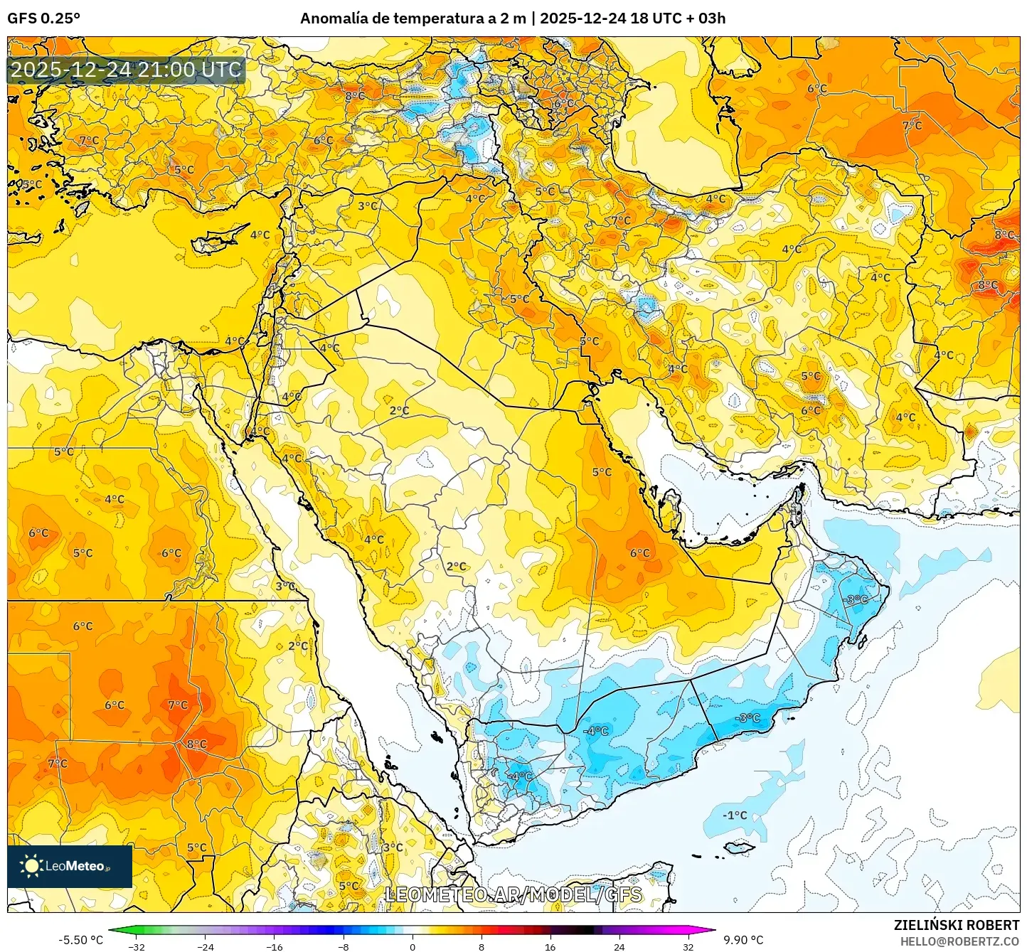 GFS model - Bliski Wschód, Anomalia temperatury na 2 m