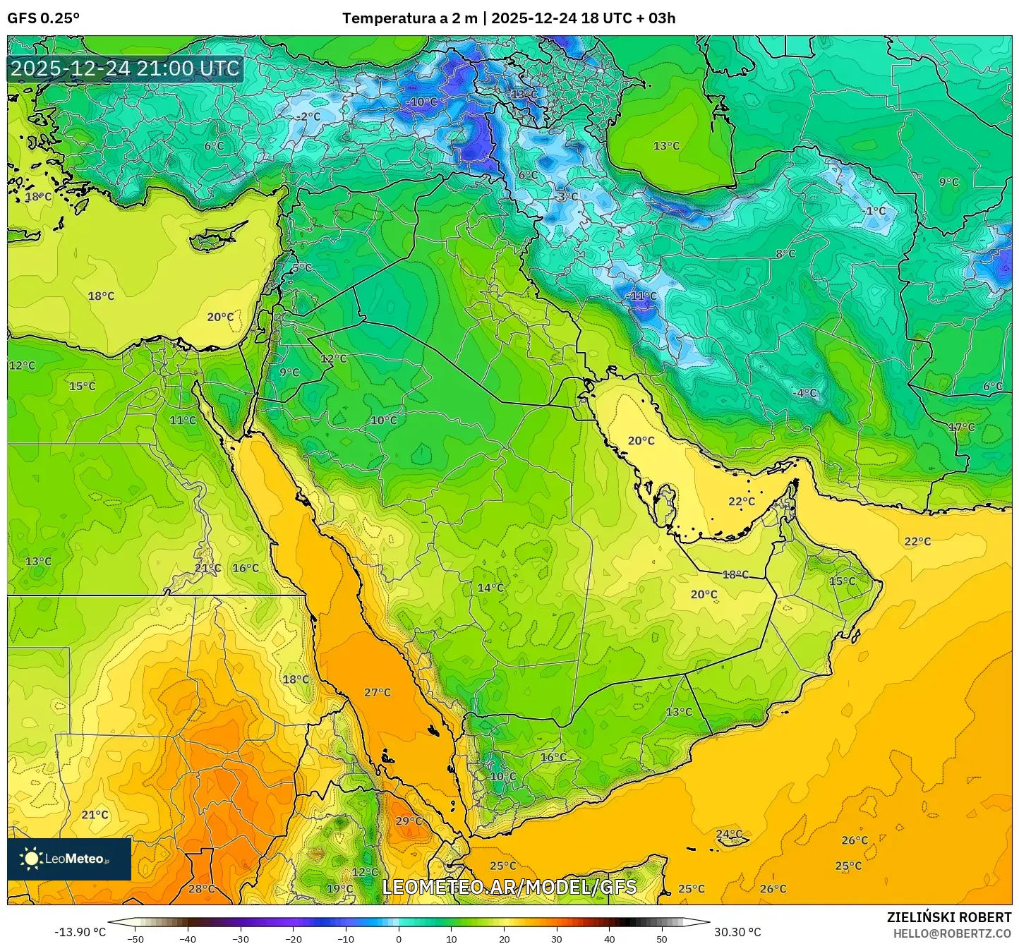 GFS model - Bliski Wschód, Temperatura na 2 m