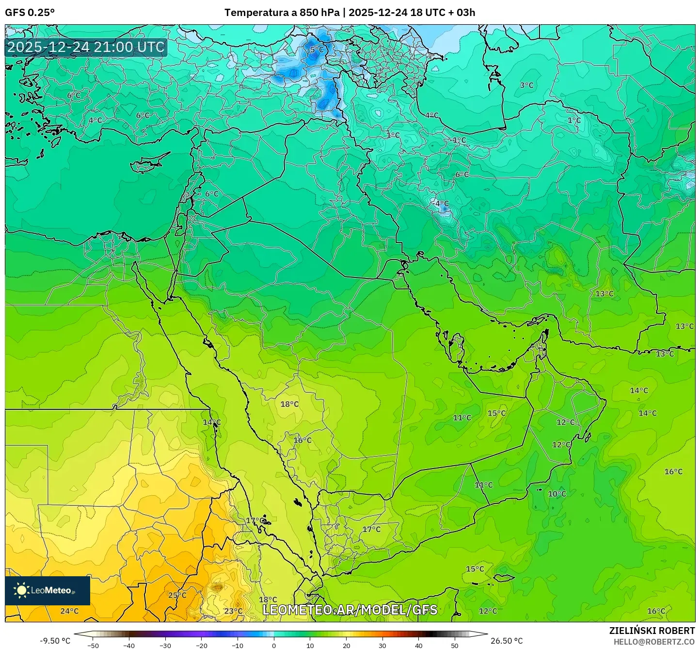 GFS model - Bliski Wschód, Temperatura na 850 hPa