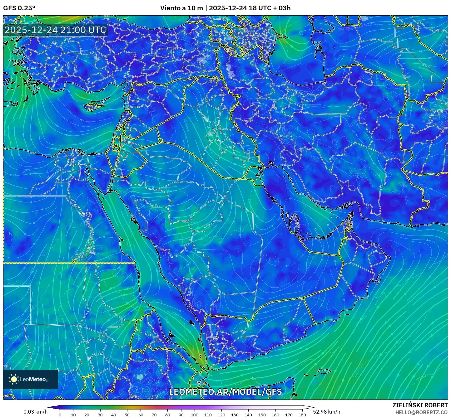GFS model - Bliski Wschód, Wiatr na 10 m
