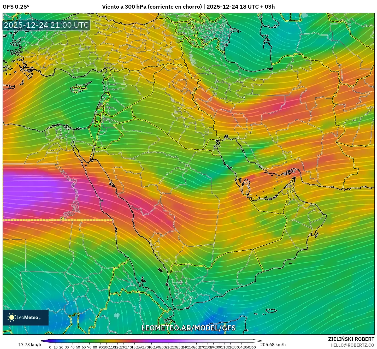 GFS model - Bliski Wschód, Wiatr na 300 hPa (prąd strumieniowy)