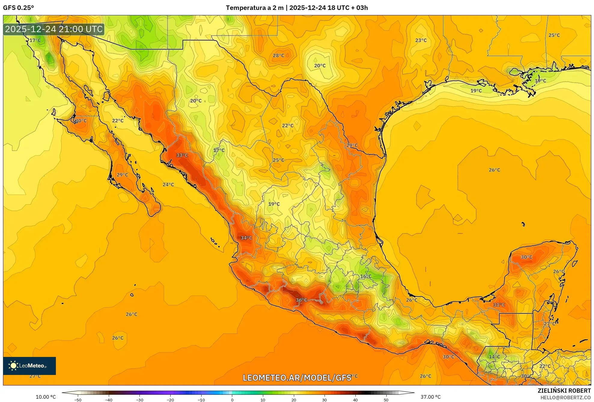 GFS model - Meksyk, Temperatura na 2 m