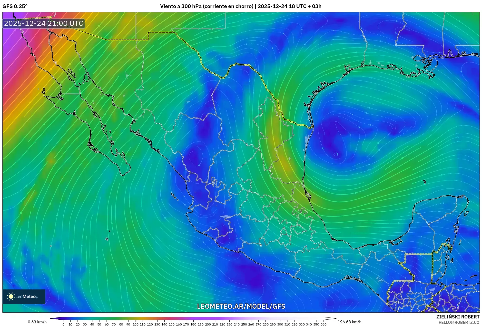 GFS model - Meksyk, Wiatr na 300 hPa (prąd strumieniowy)