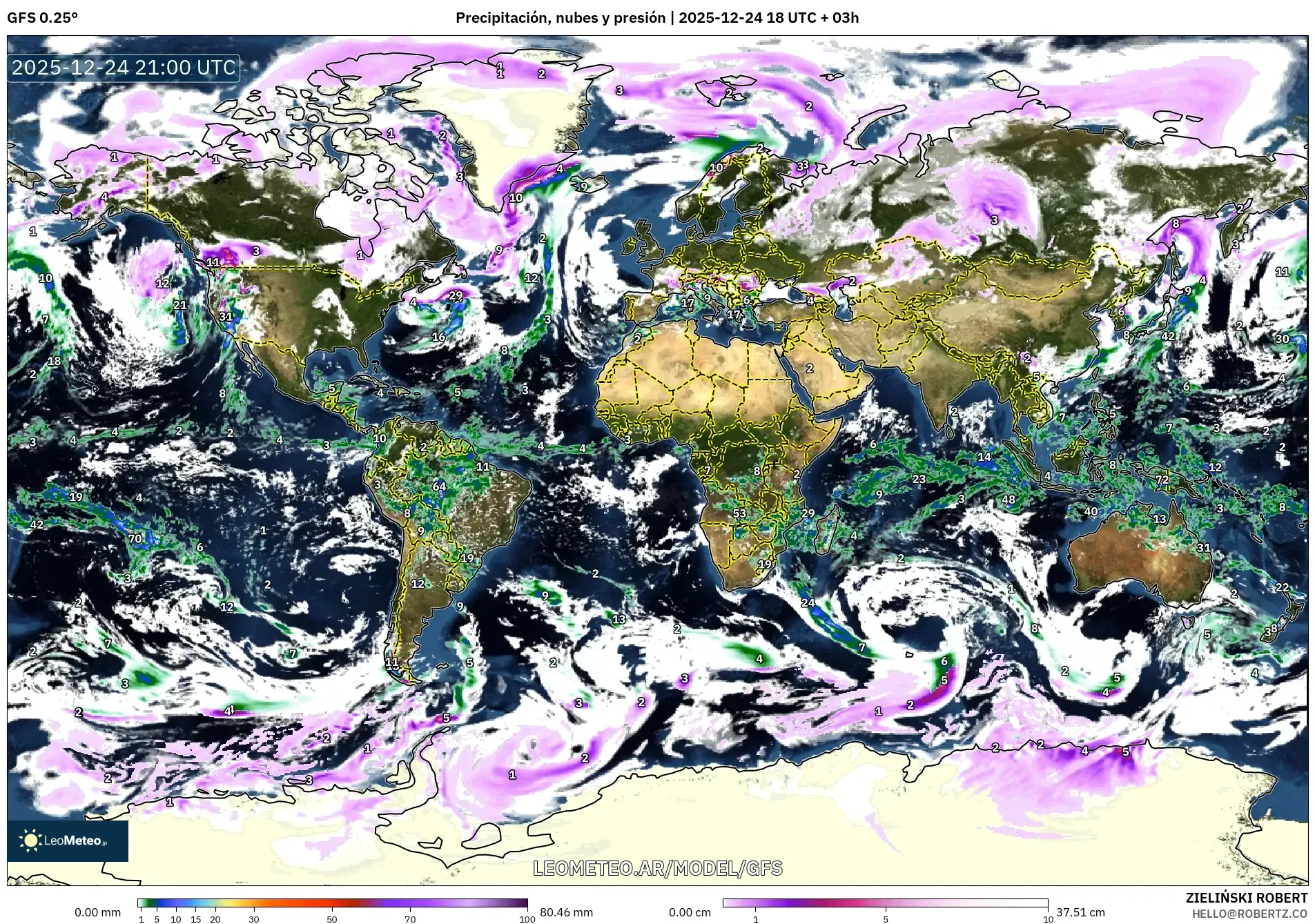 GFS model - Świat, Opady, chmury i ciśnienie