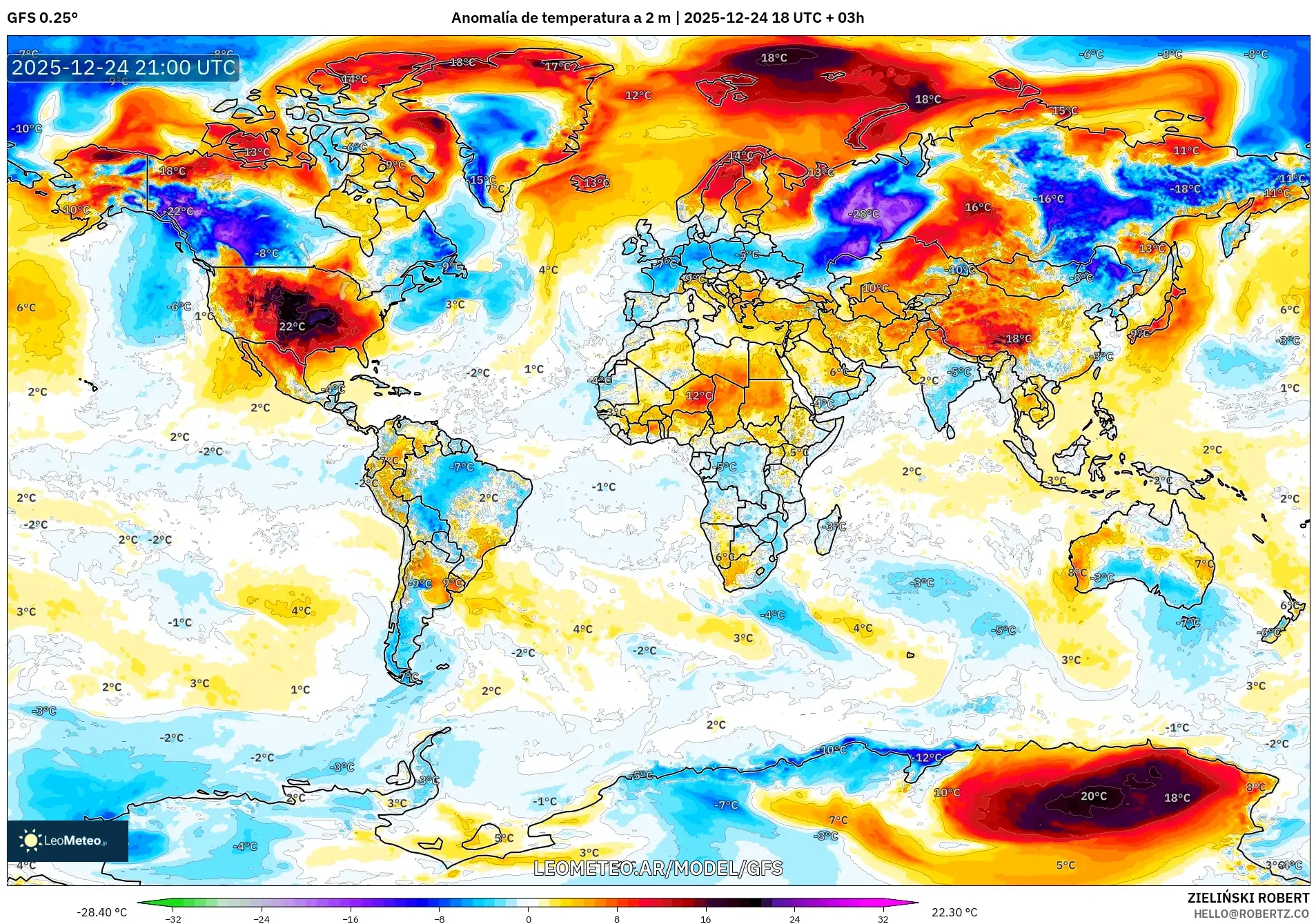 GFS model - Świat, Anomalia temperatury na 2 m