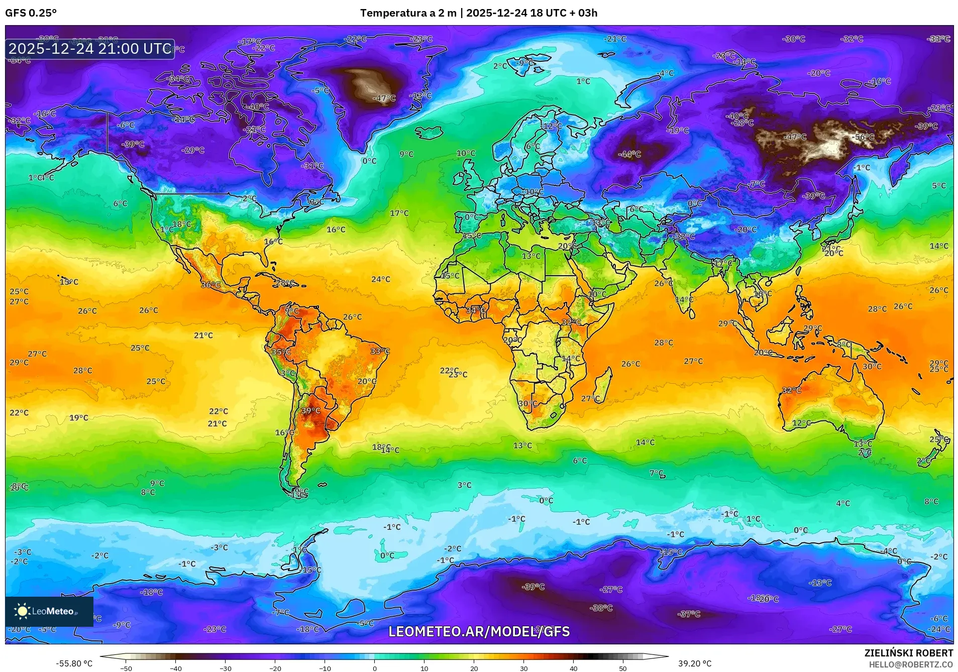 GFS model - Świat, Temperatura na 2 m