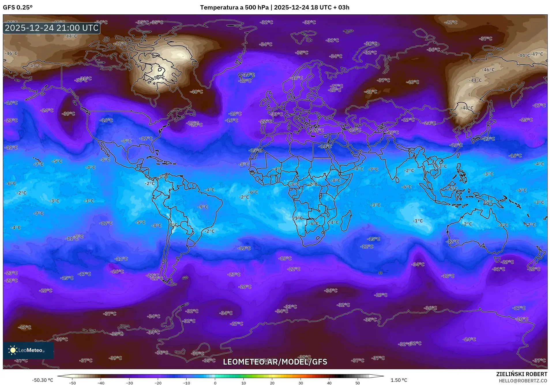 GFS model - Świat, Temperatura na 500 hPa