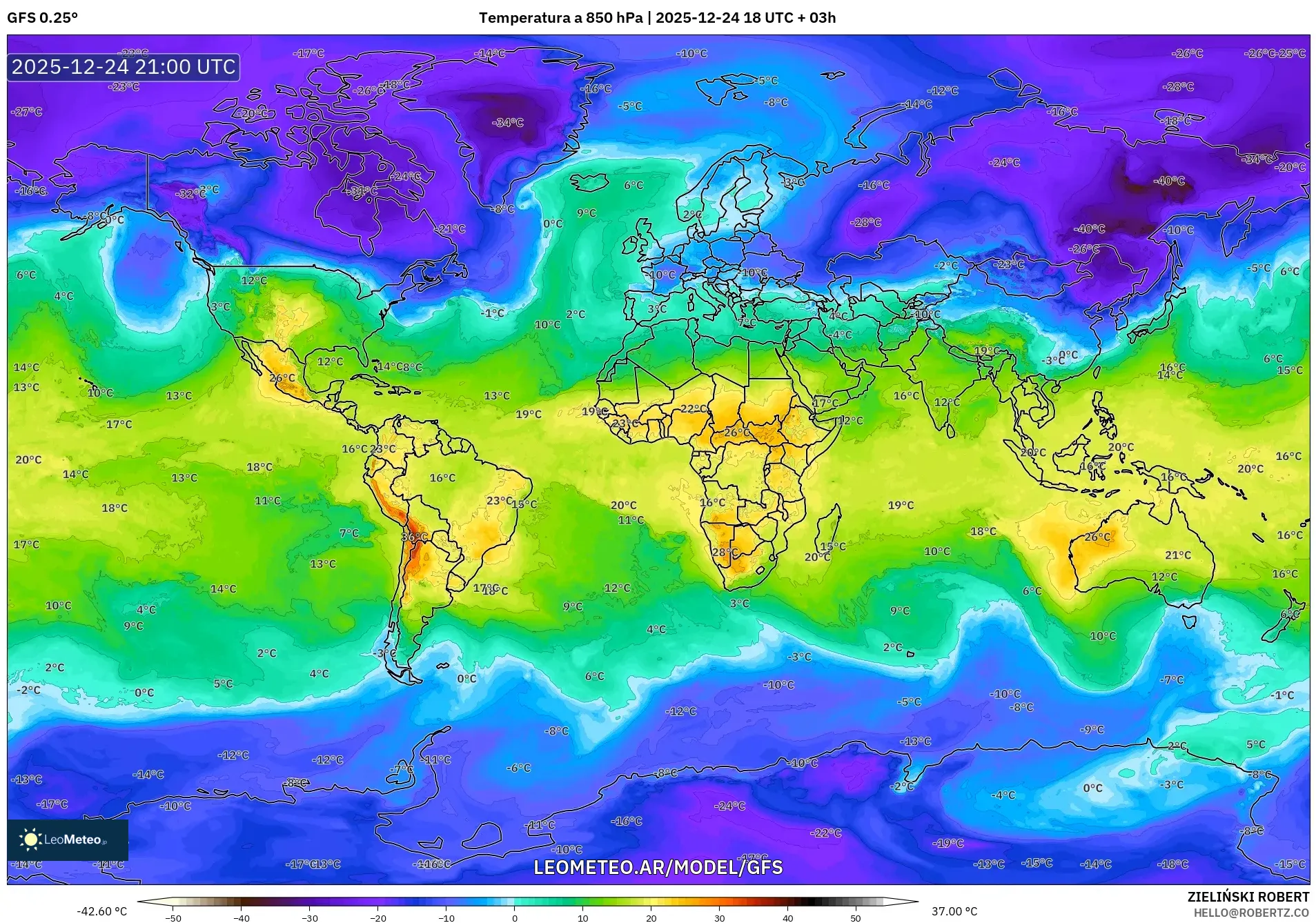 GFS model - Świat, Temperatura na 850 hPa