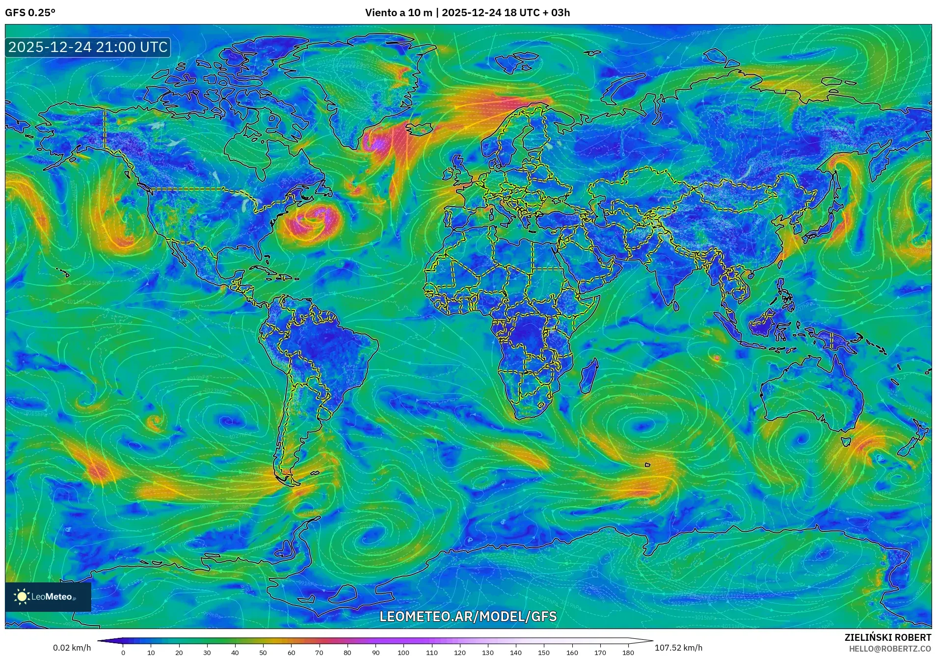 GFS model - Świat, Wiatr na 10 m