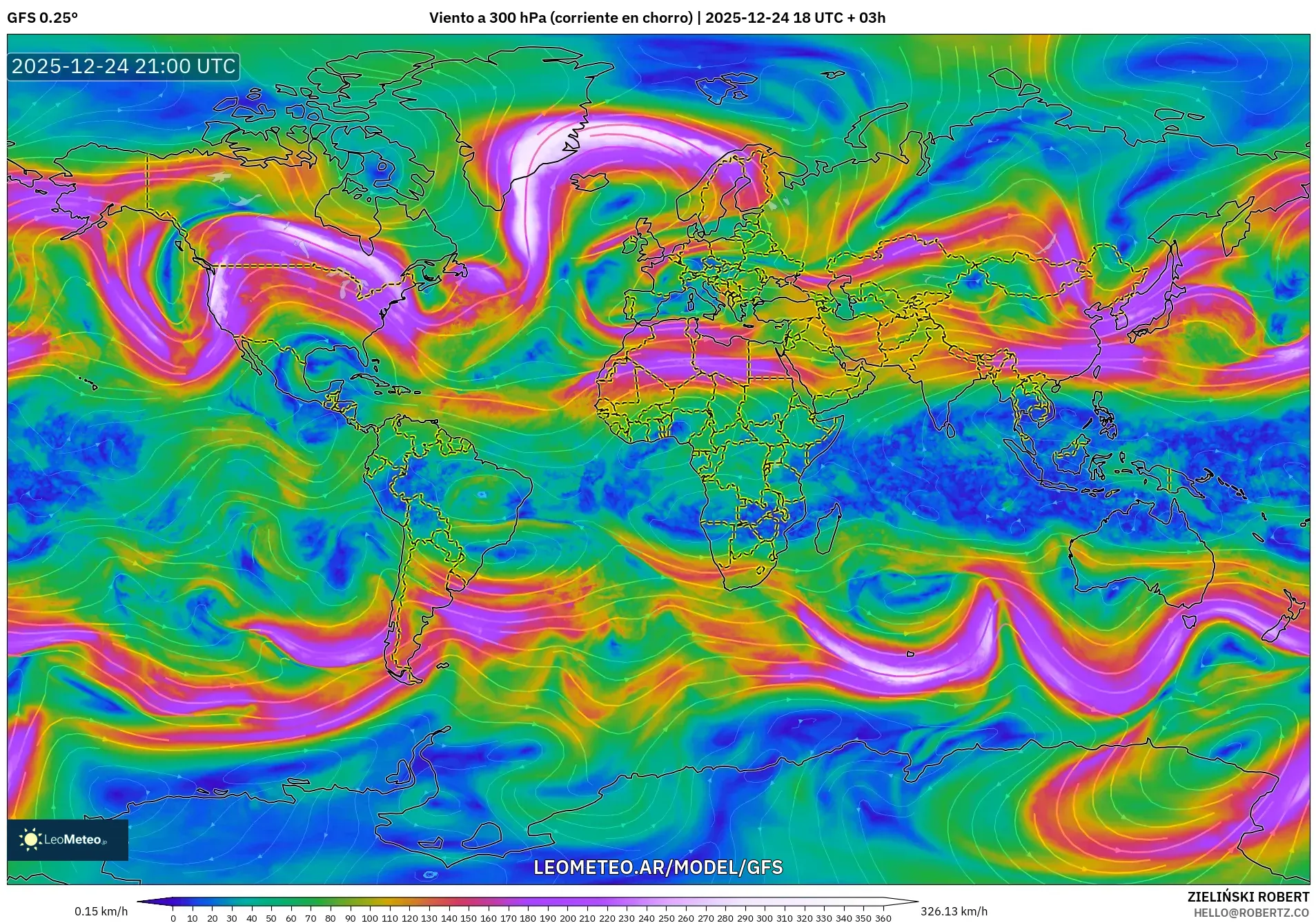 GFS model - Świat, Wiatr na 300 hPa (prąd strumieniowy)