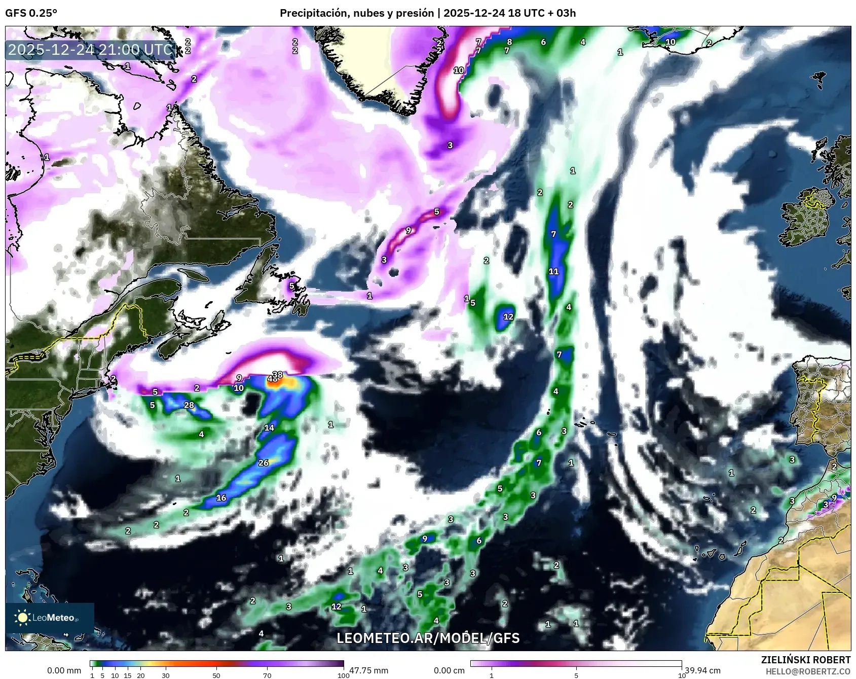 GFS model - Atlantyk Północny, Opady, chmury i ciśnienie