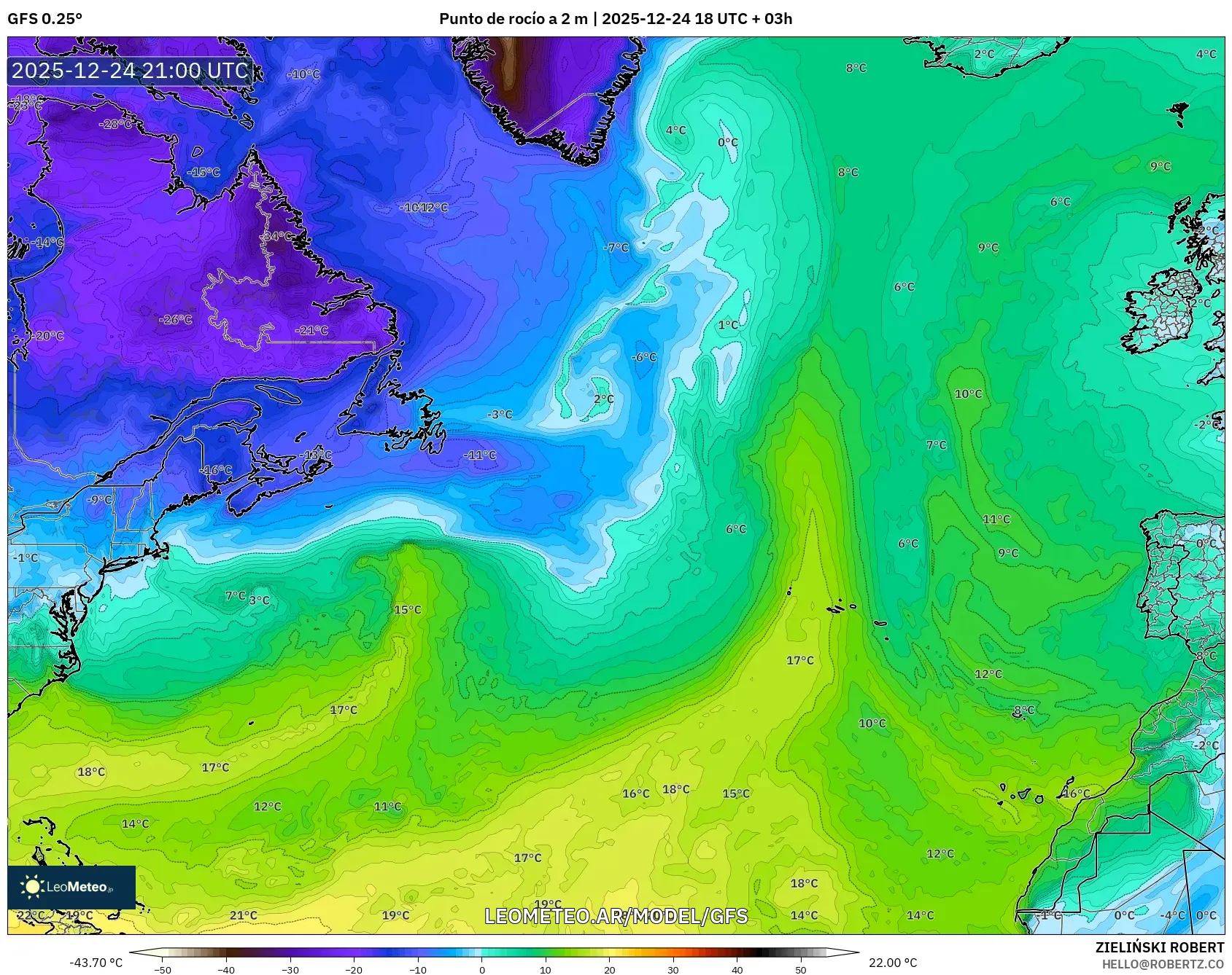 GFS model - Atlantyk Północny, Punkt rosy na 2 m