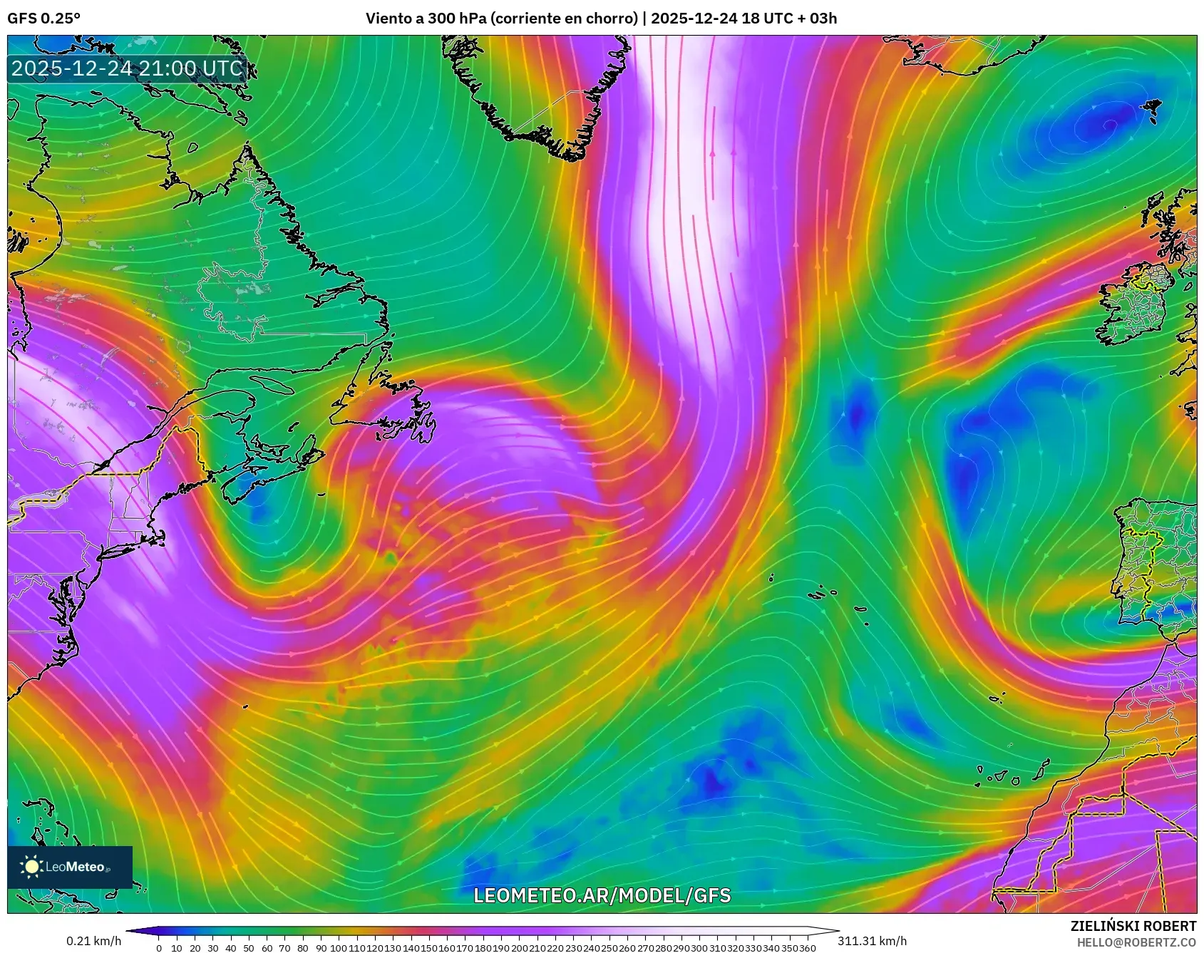 GFS model - Atlantyk Północny, Wiatr na 300 hPa (prąd strumieniowy)