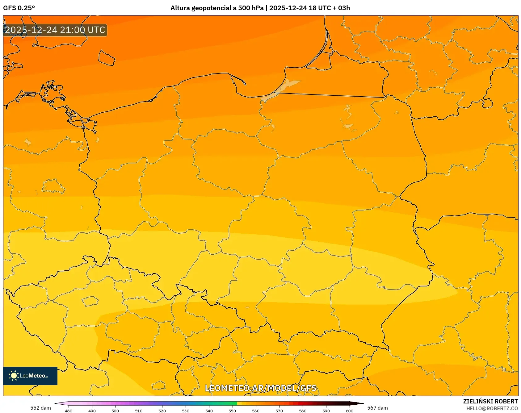 GFS model - Polska, Wysokość geopotencjalna na poziomie 500 hPa