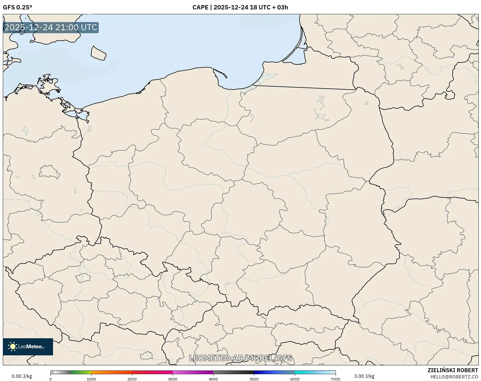GFS model - Polska, CAPE