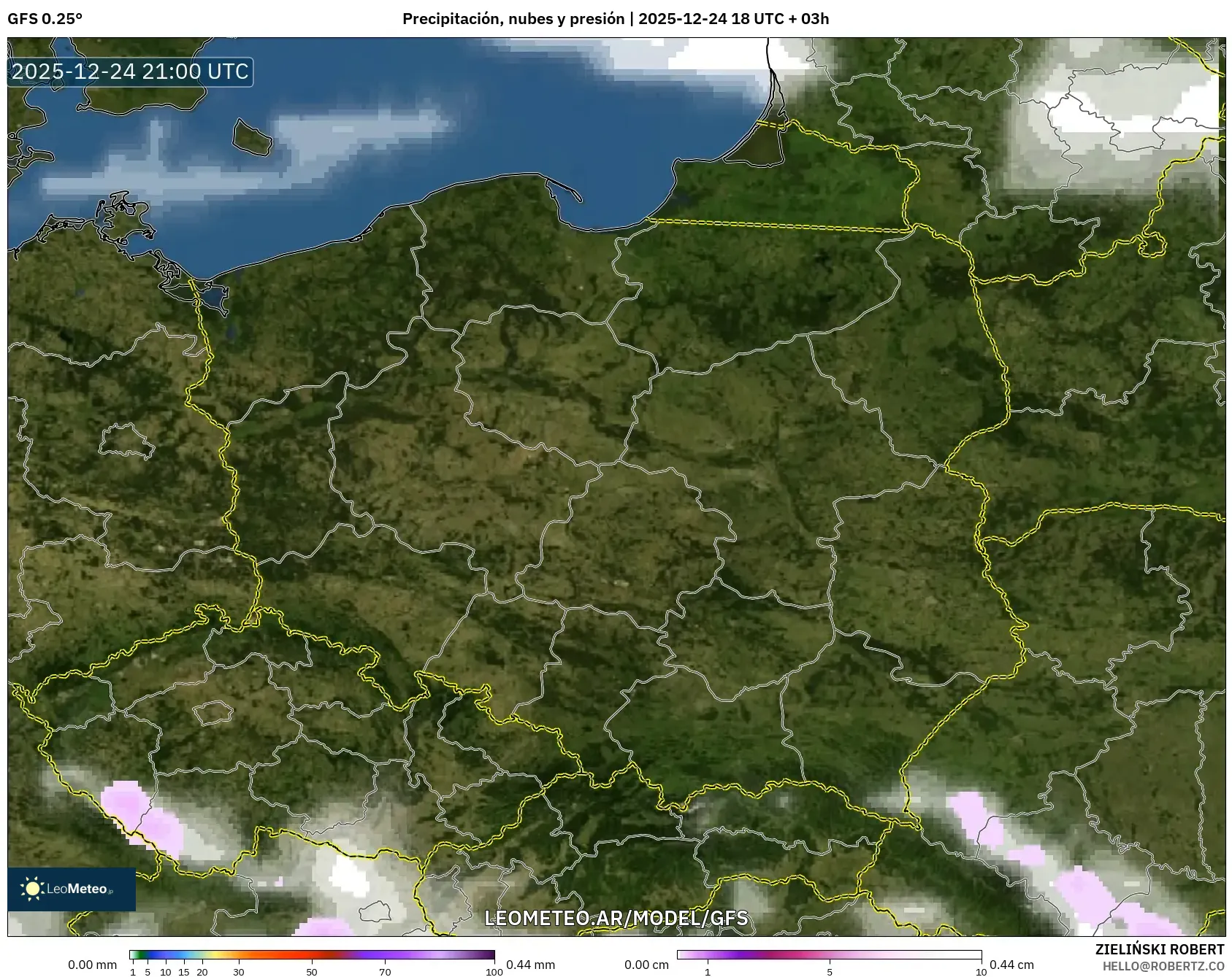 GFS model - Polska, Opady, chmury i ciśnienie