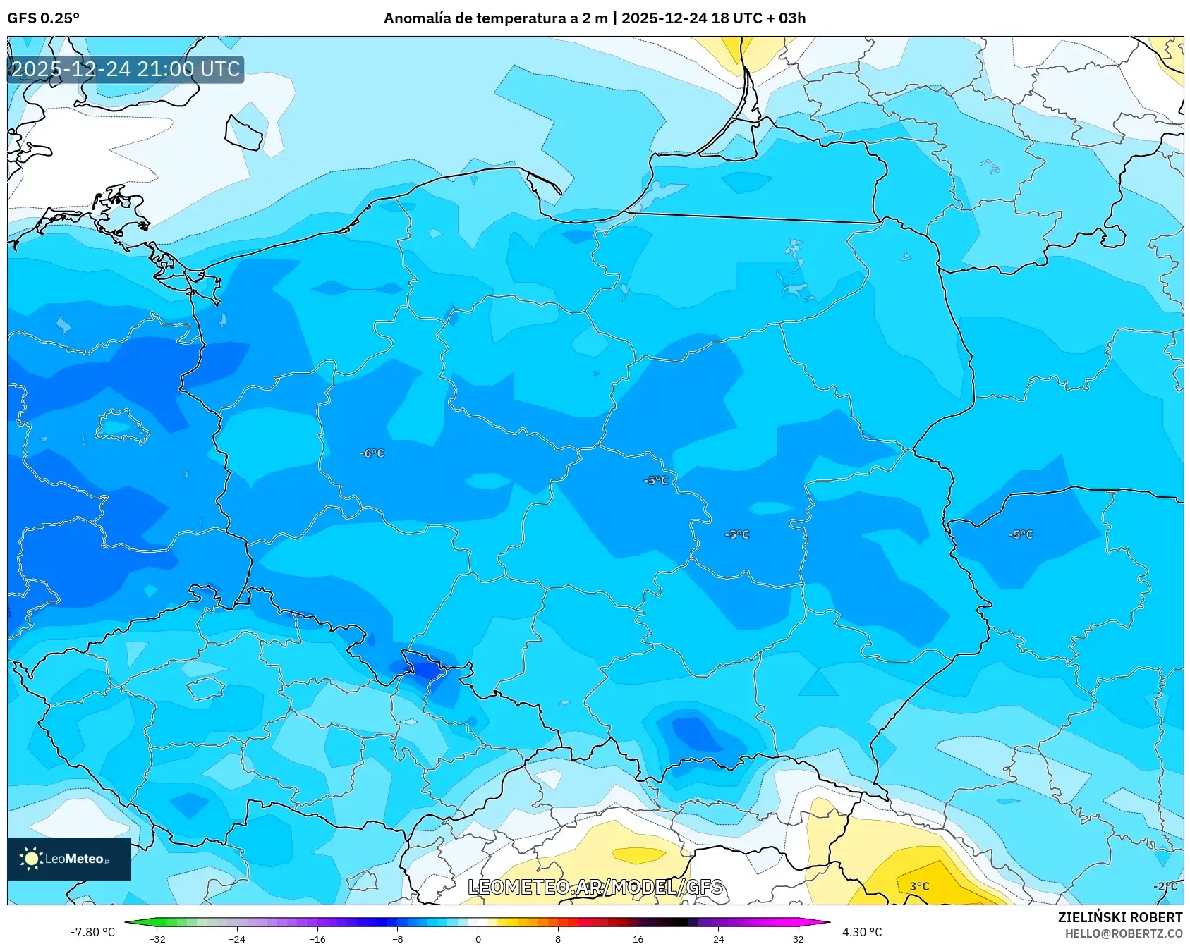 GFS model - Polska, Anomalia temperatury na 2 m