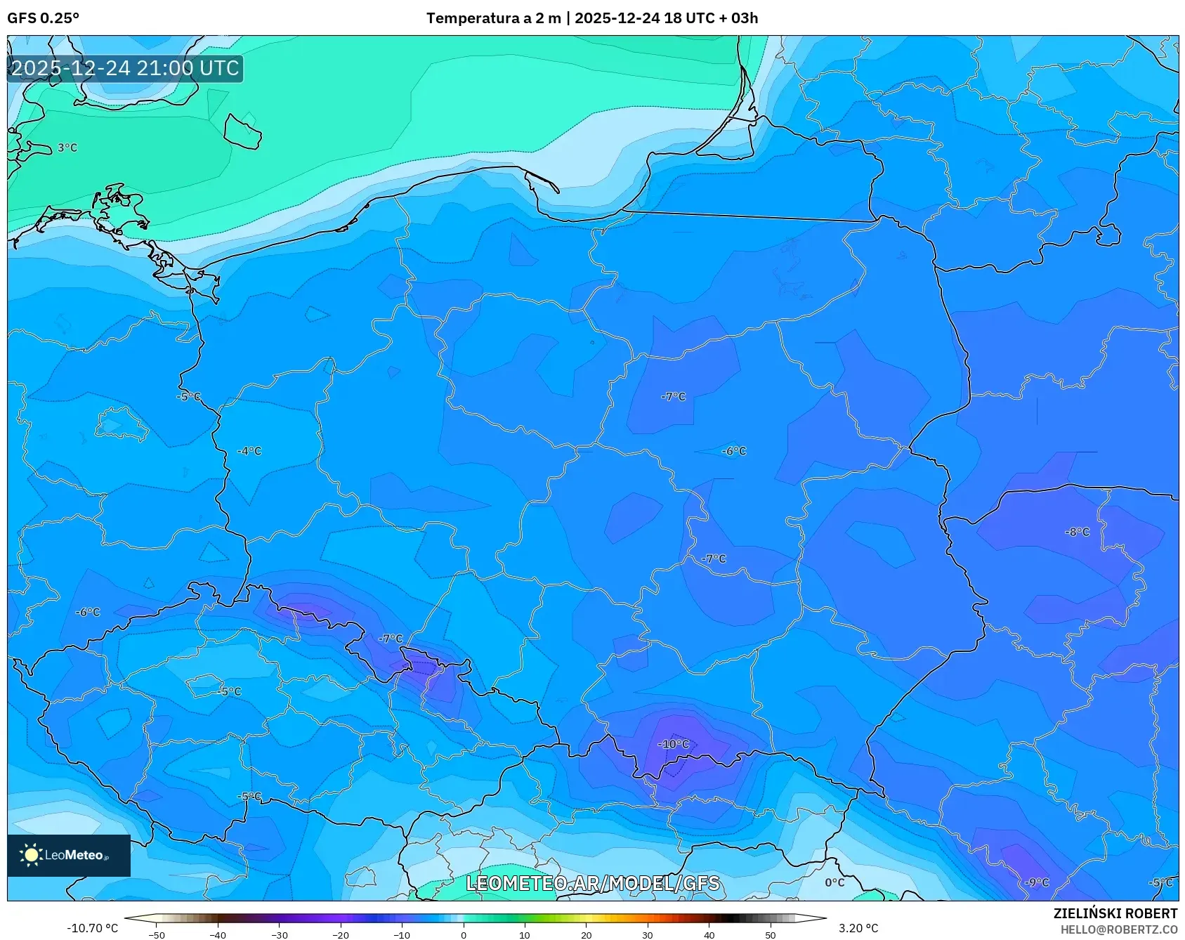 GFS model - Polska, Temperatura na 2 m
