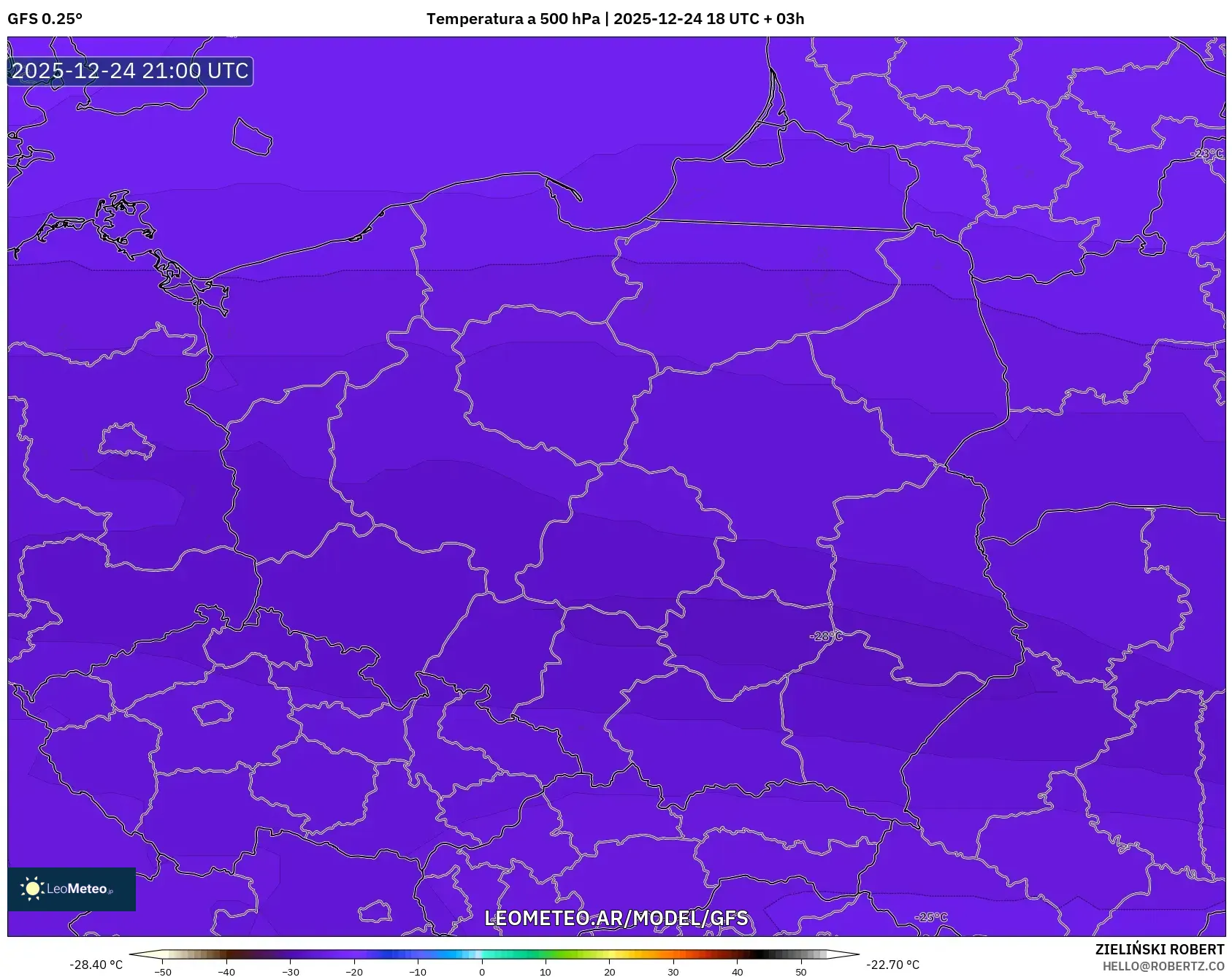 GFS model - Polska, Temperatura na 500 hPa