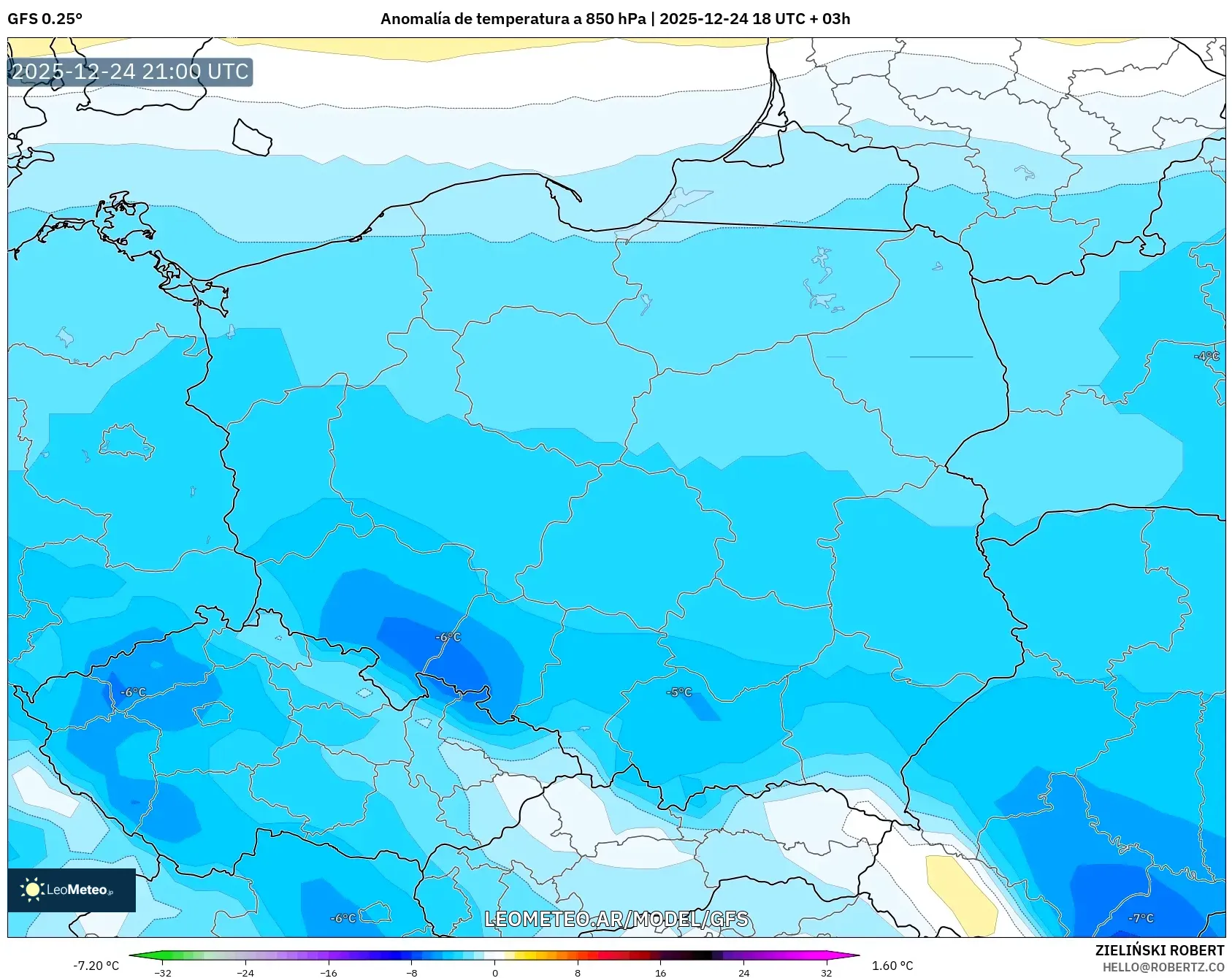 GFS model - Polska, Anomalia temperatury na 850 hPa