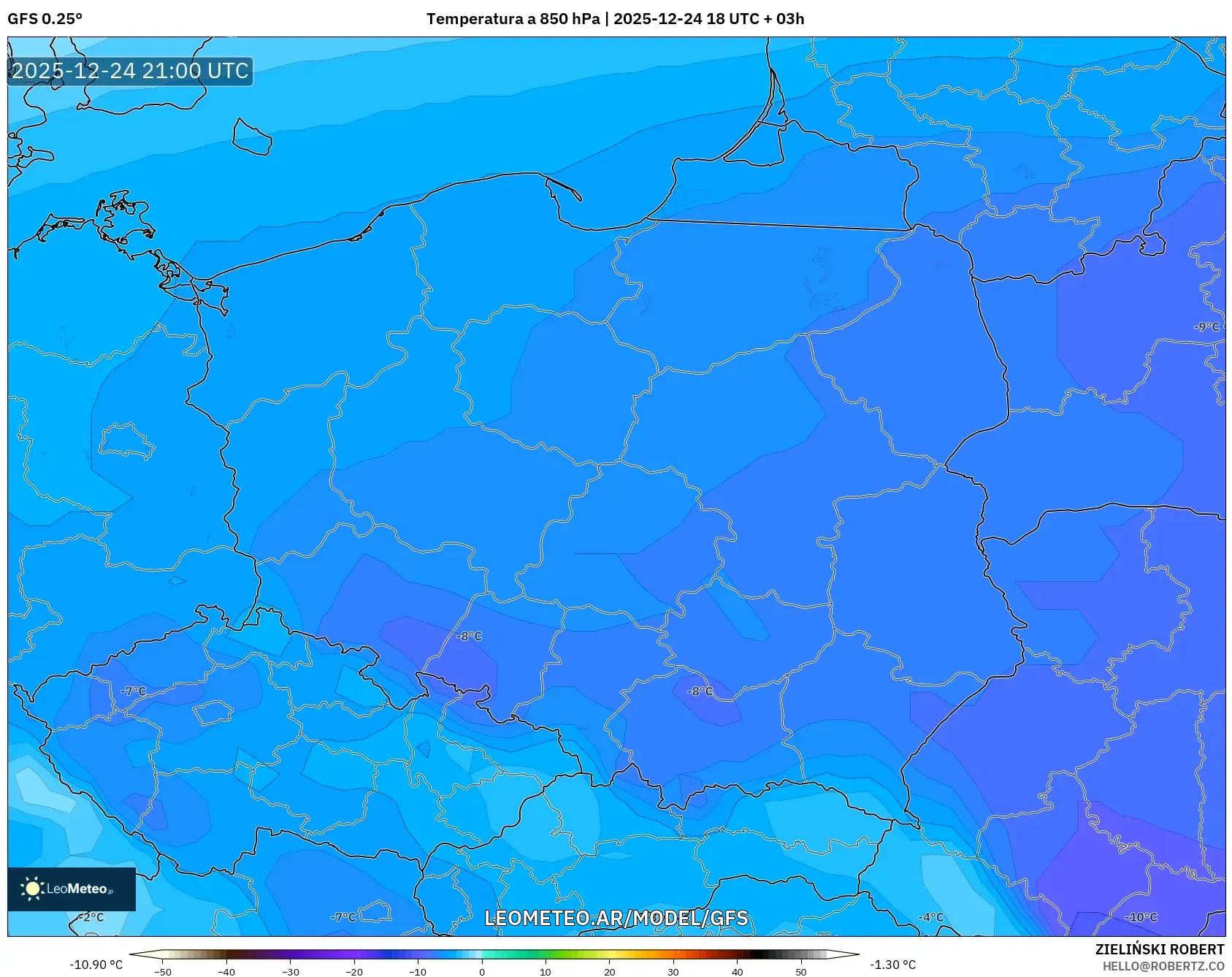 GFS model - Polska, Temperatura na 850 hPa