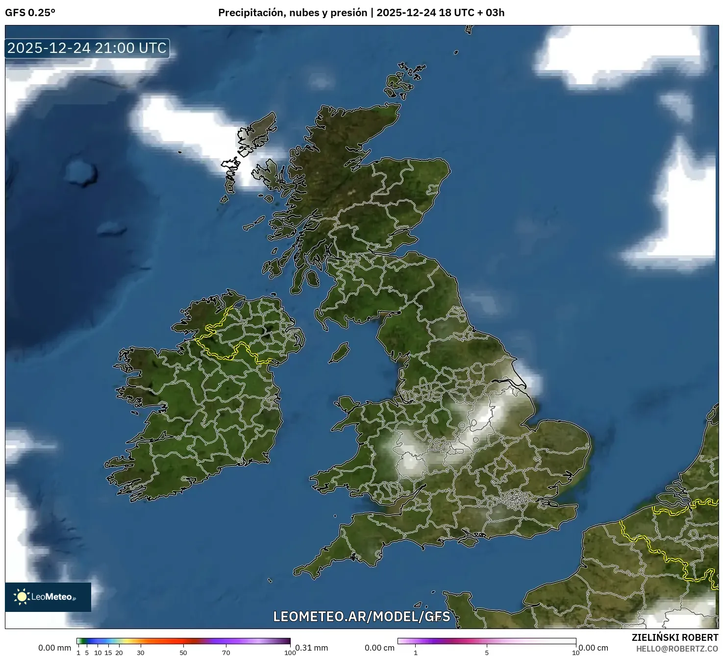 GFS model - Wielka Brytania, Opady, chmury i ciśnienie