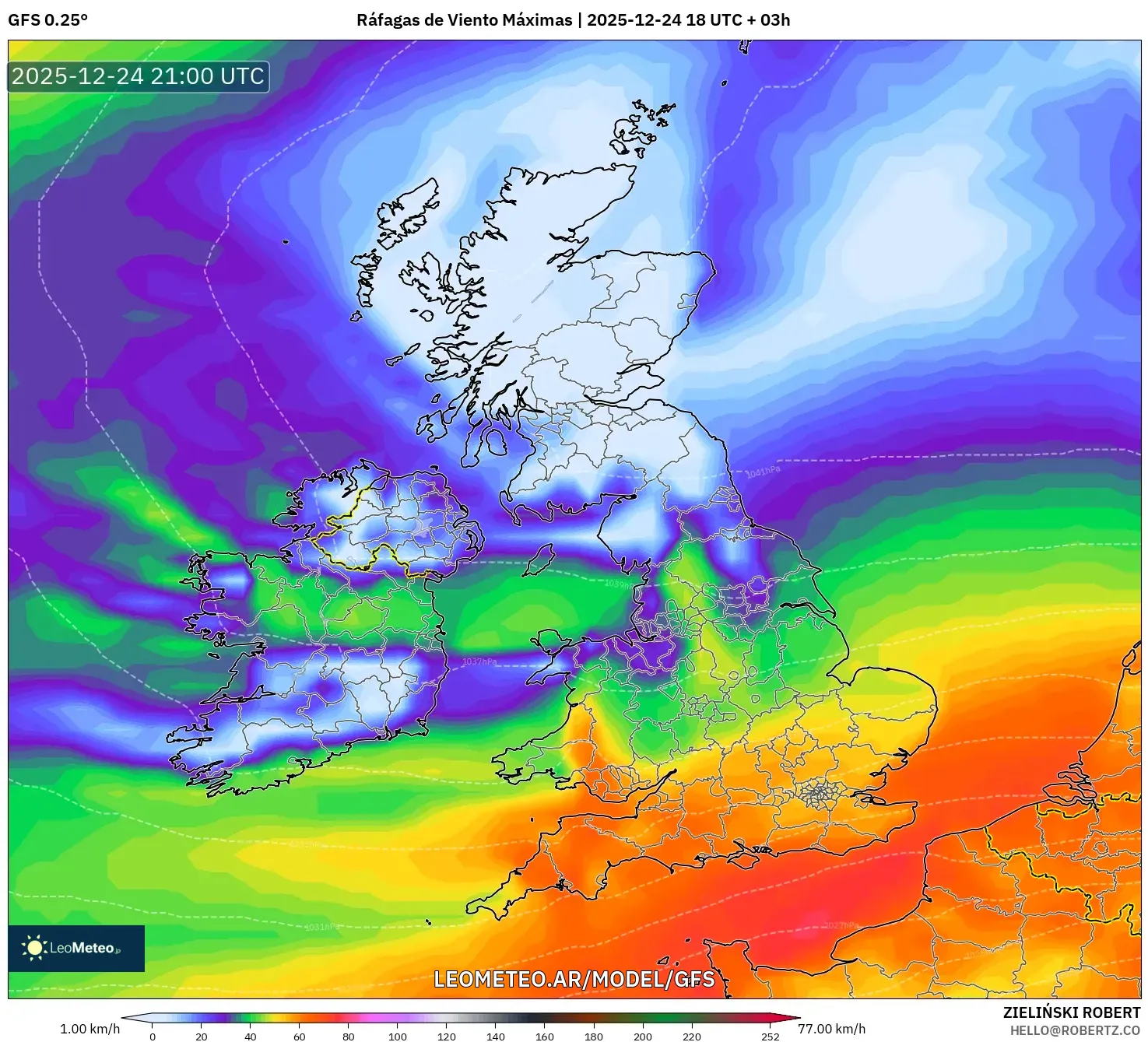 GFS model - Wielka Brytania, Maksymalne Porywy Wiatru