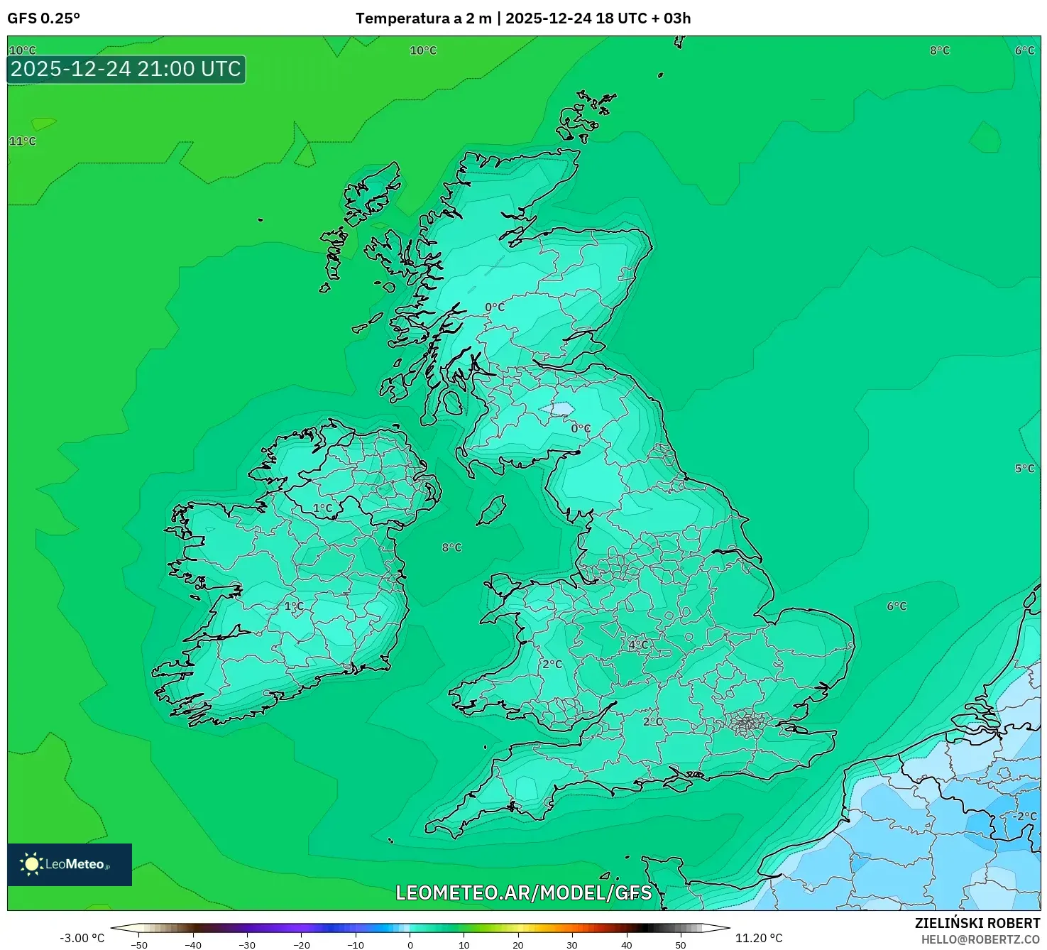 GFS model - Wielka Brytania, Temperatura na 2 m