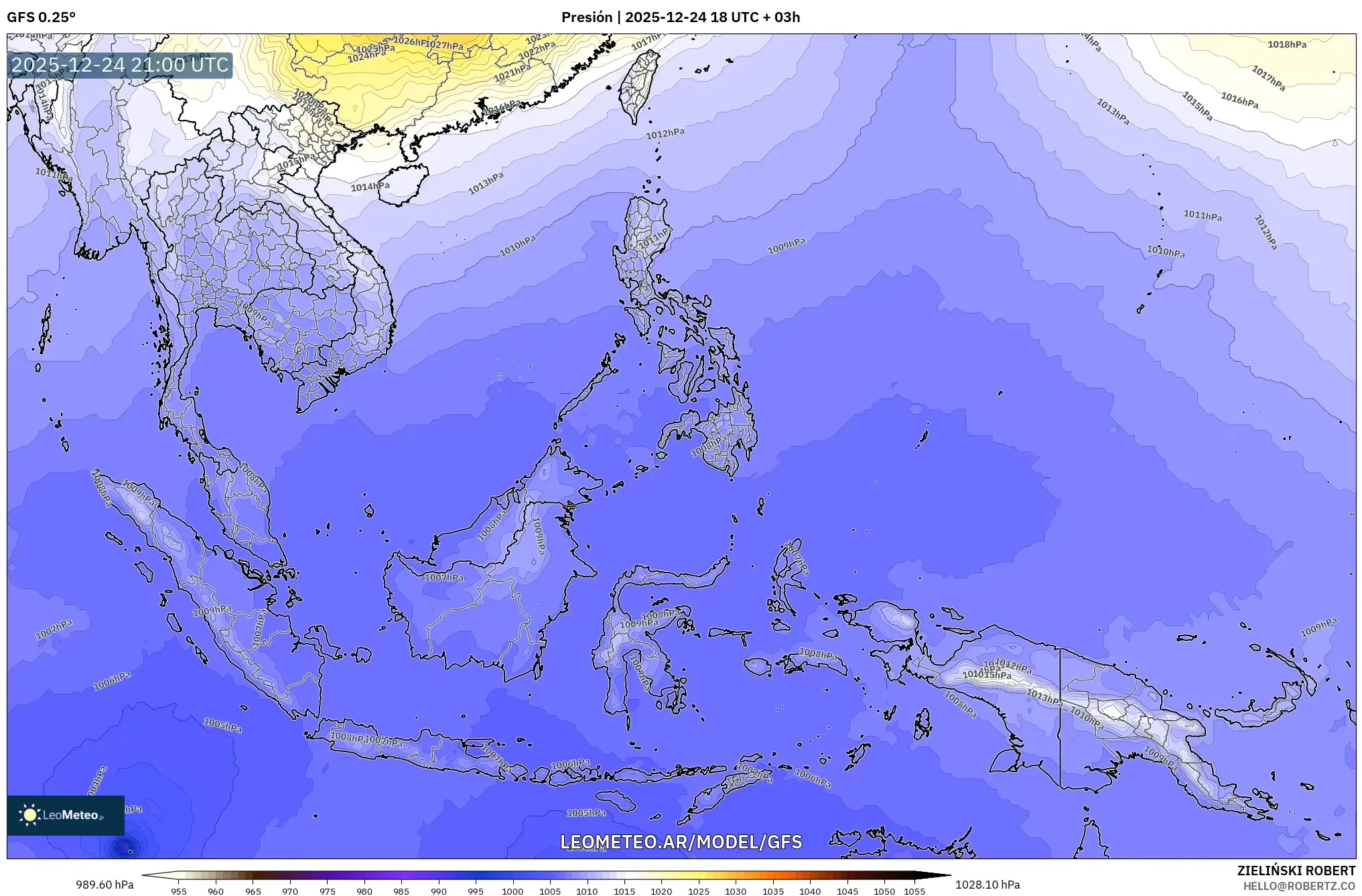 GFS model - Azja Południowo-Wschodnia, Ciśnienie