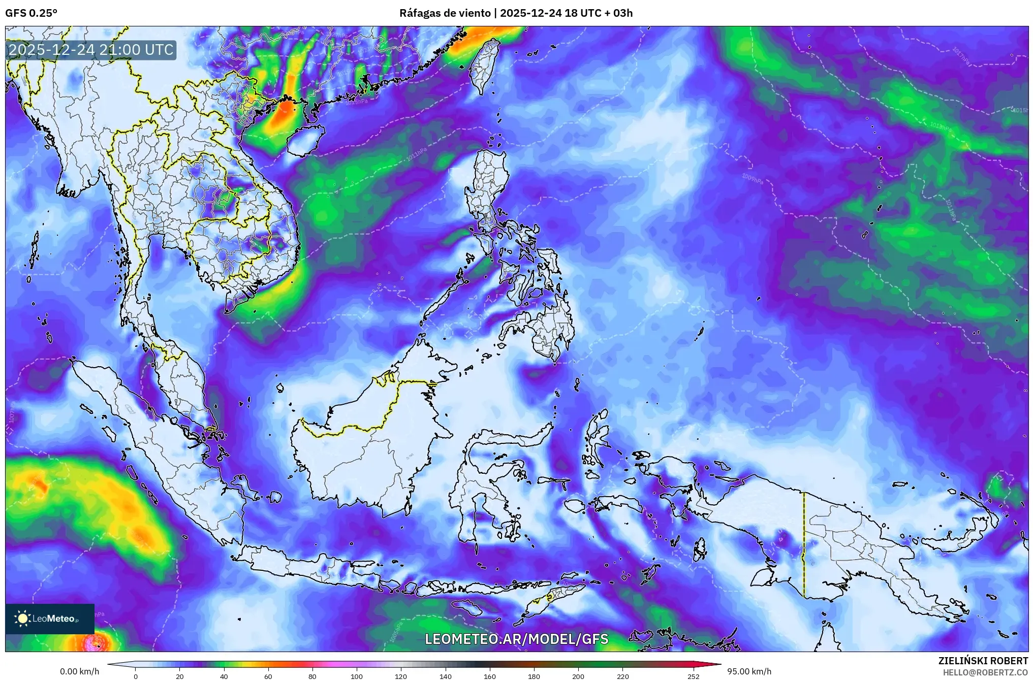 GFS model - Azja Południowo-Wschodnia, Porywy wiatru