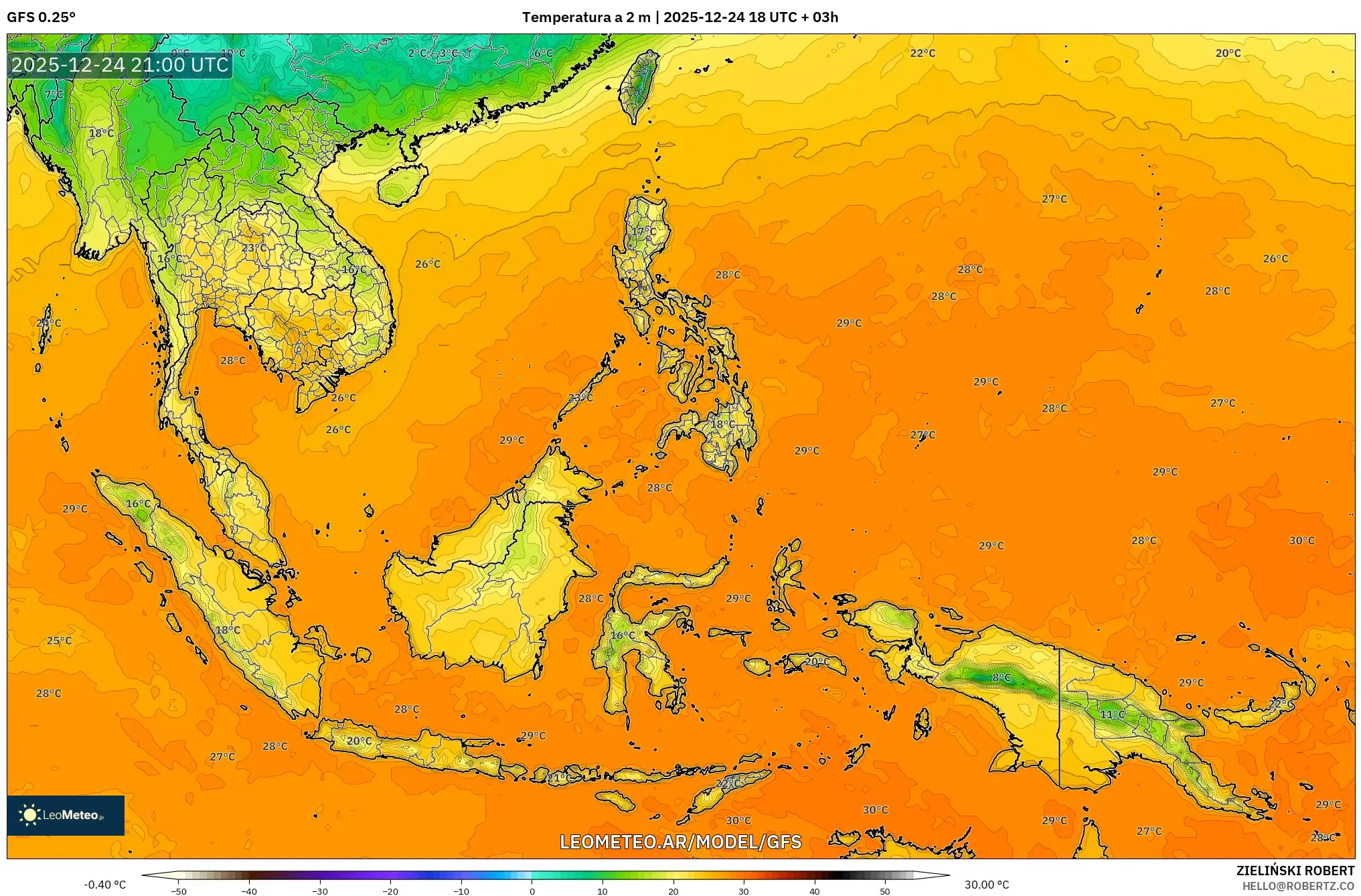 GFS model - Azja Południowo-Wschodnia, Temperatura na 2 m