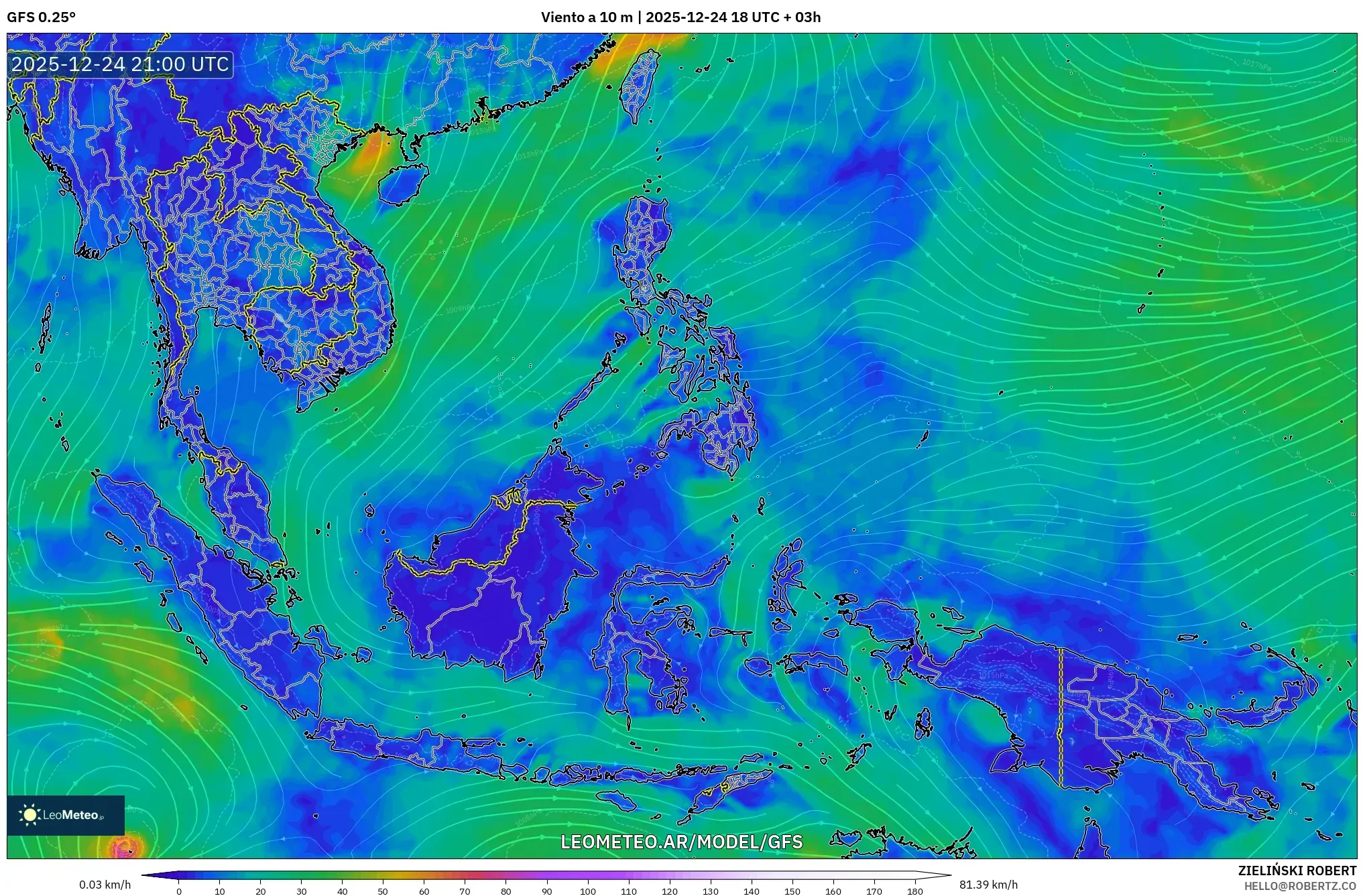 GFS model - Azja Południowo-Wschodnia, Wiatr na 10 m