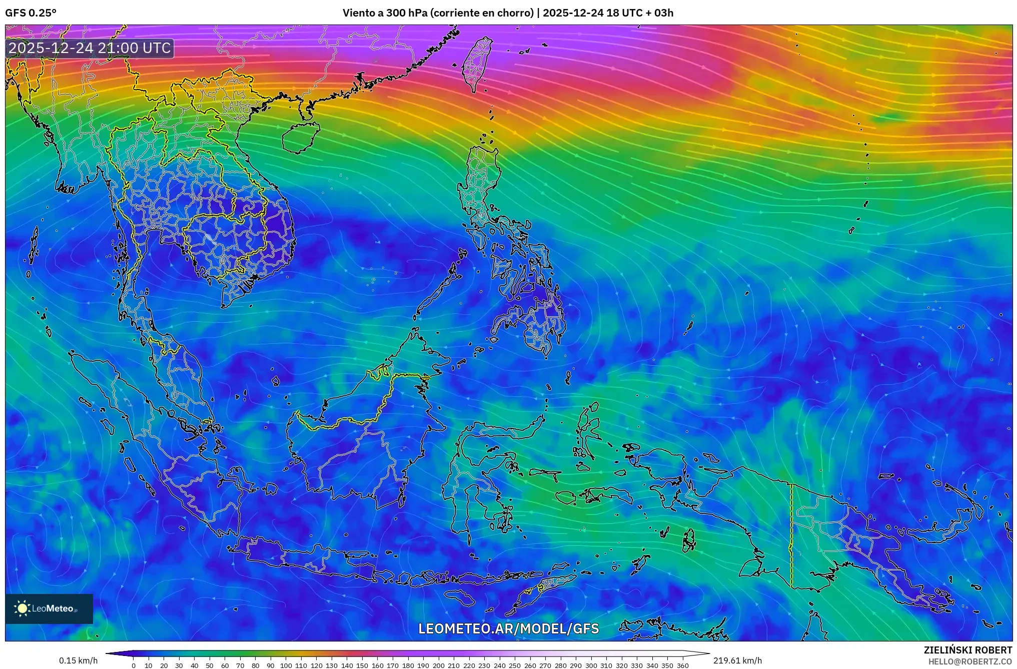 GFS model - Azja Południowo-Wschodnia, Wiatr na 300 hPa (prąd strumieniowy)