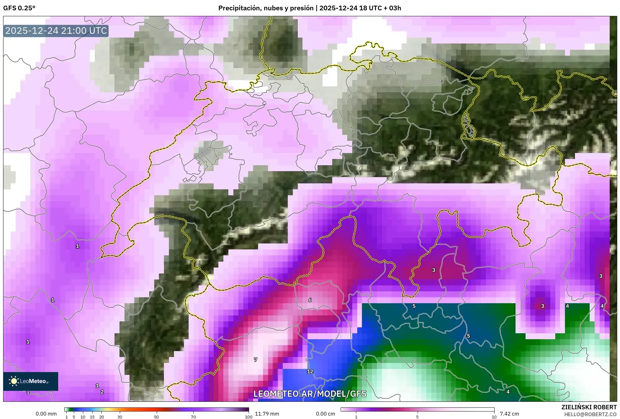 GFS model - Szwajcaria, Opady, chmury i ciśnienie
