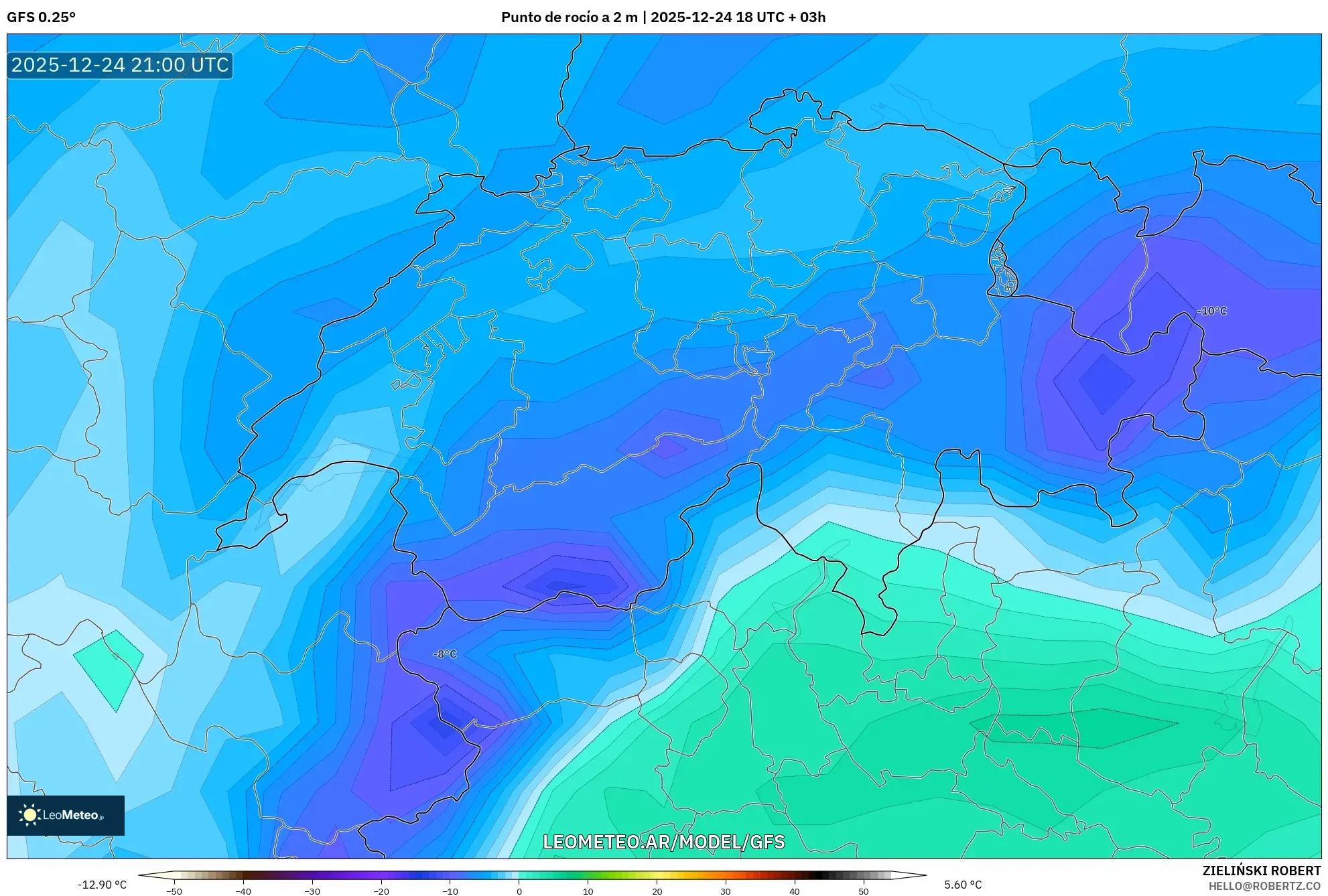 GFS model - Szwajcaria, Punkt rosy na 2 m