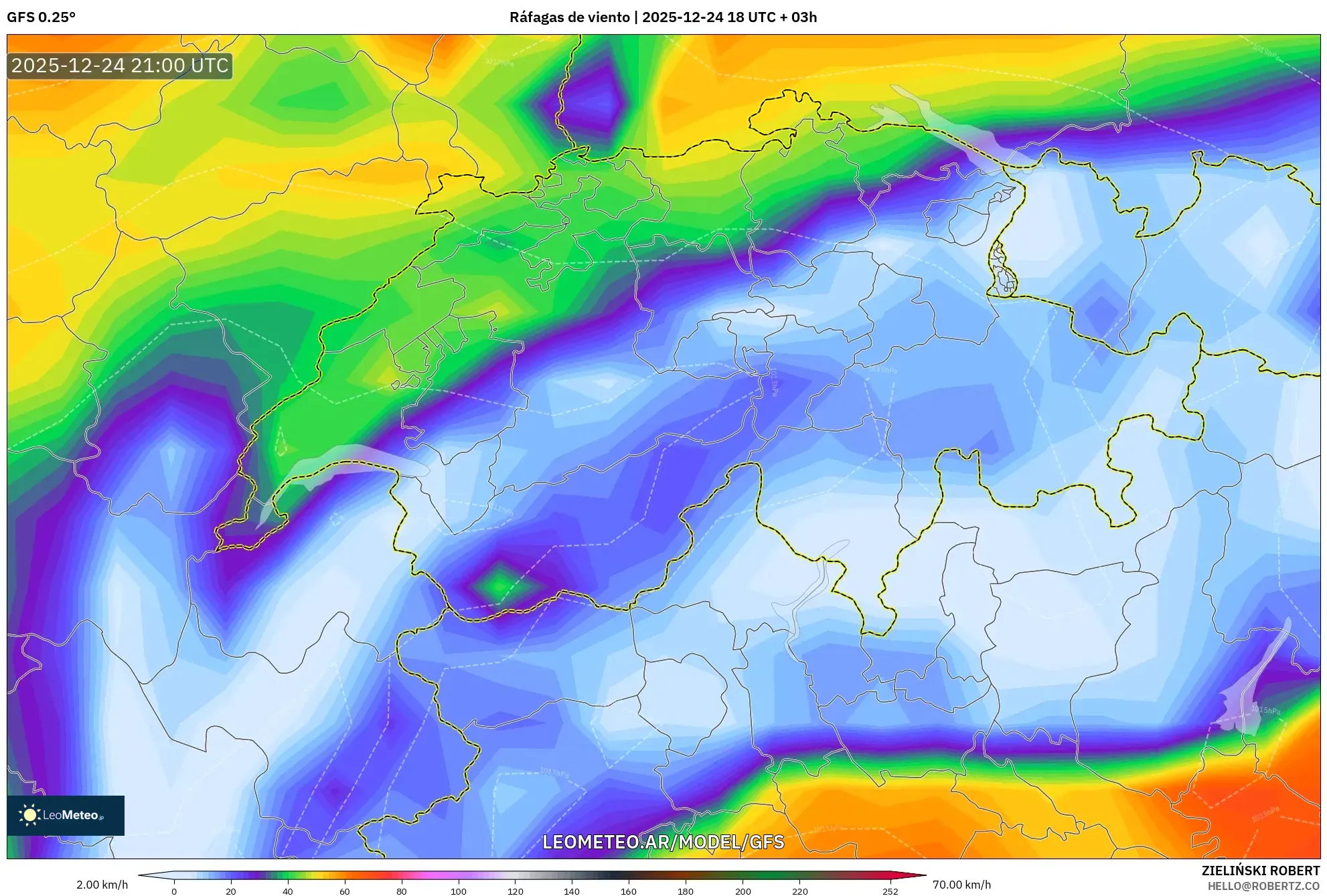 GFS model - Szwajcaria, Porywy wiatru